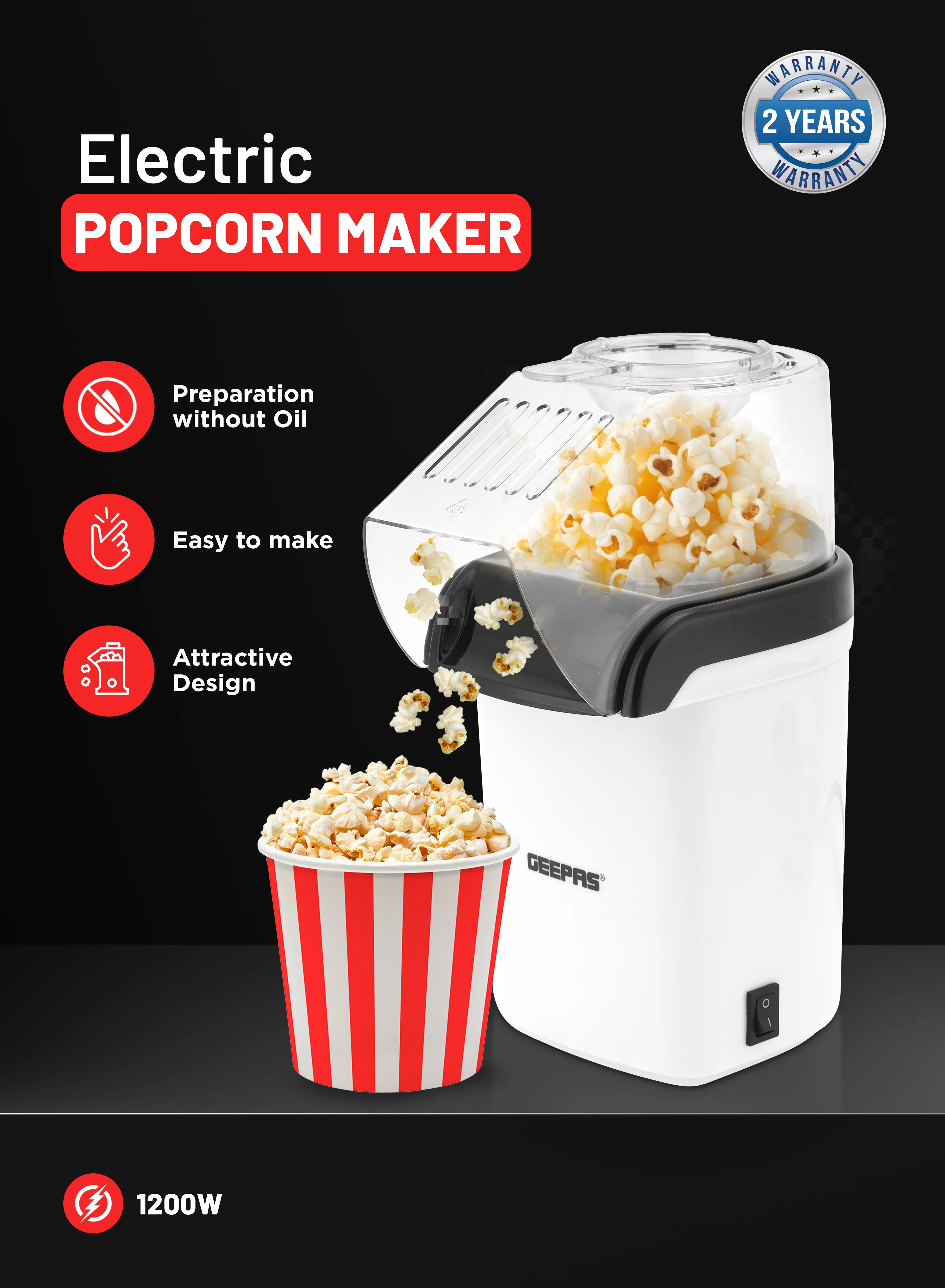 Geepas GPM840 Popcorn Maker | 1200W Hot Air Popcorn Machine | Large Capacity| Oil-Free Preparation| Easy One-Touch Operation| Compact & Stylish Design | 2 Years Warranty - Image 2