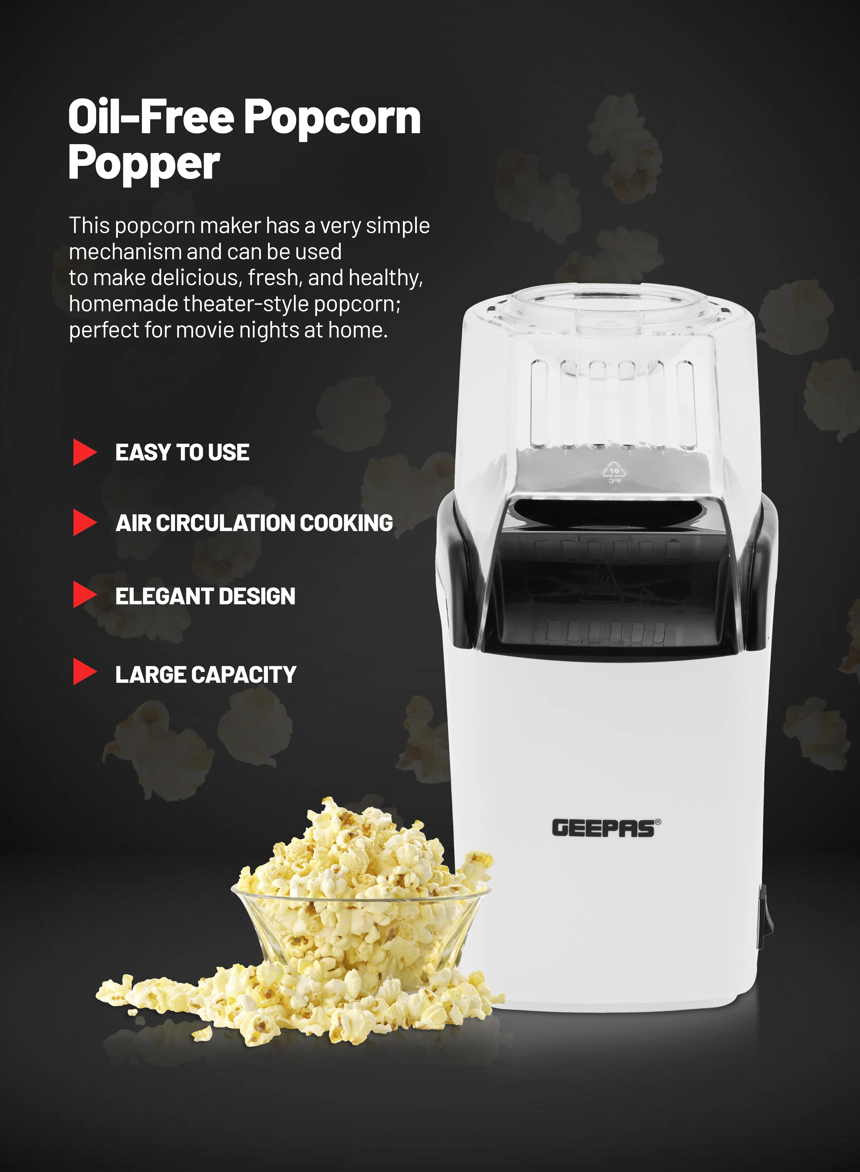 Geepas GPM840 Popcorn Maker | 1200W Hot Air Popcorn Machine | Large Capacity| Oil-Free Preparation| Easy One-Touch Operation| Compact & Stylish Design | 2 Years Warranty - Image 3