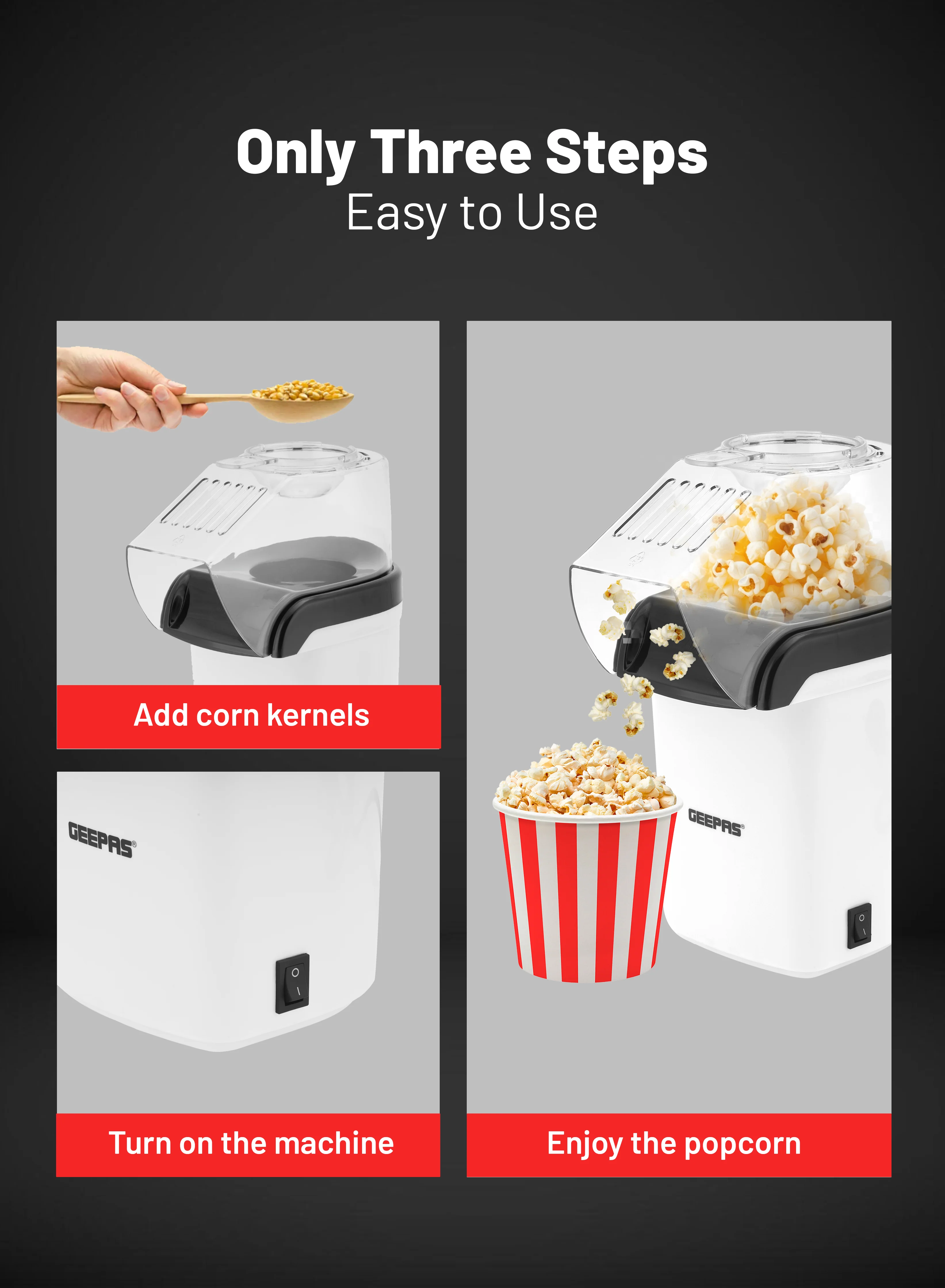 Geepas GPM840 Popcorn Maker | 1200W Hot Air Popcorn Machine | Large Capacity| Oil-Free Preparation| Easy One-Touch Operation| Compact & Stylish Design | 2 Years Warranty - Image 4
