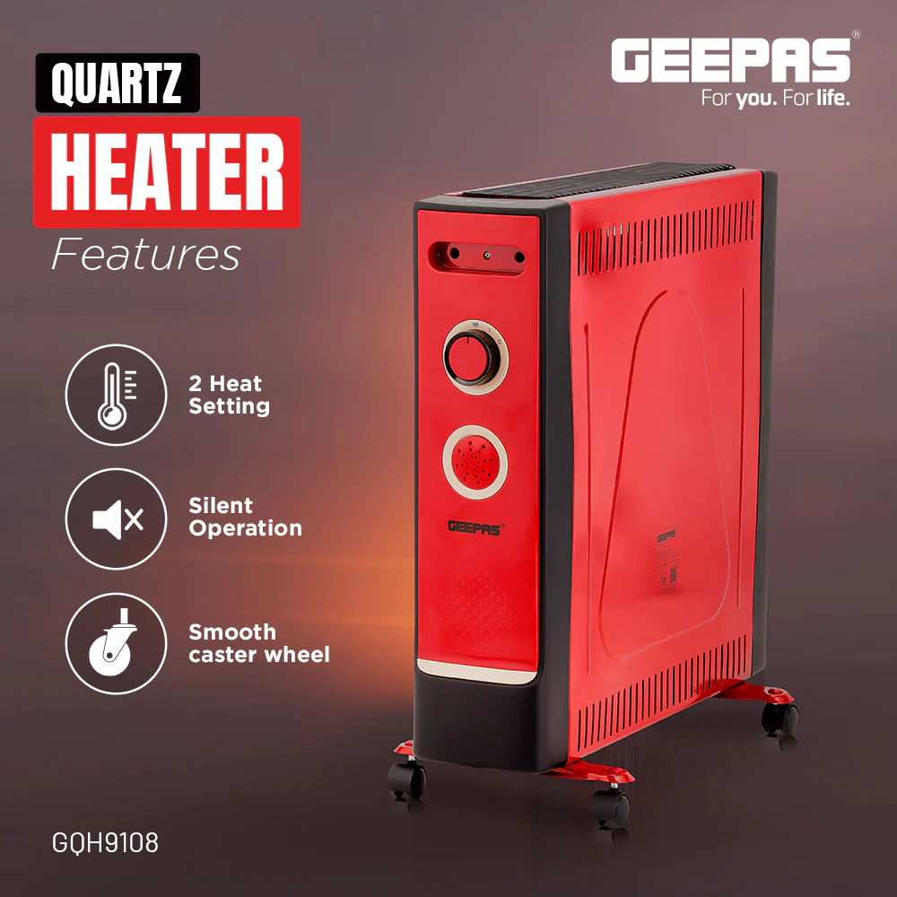 Geepas GQH9108 2200W Quartz Heater | 2 Heat Settings| Silent Operation| Adjustable Thermostat | Portable Design with Wheels| Energy Efficient & Safe | 2 Years Warranty - Image 3