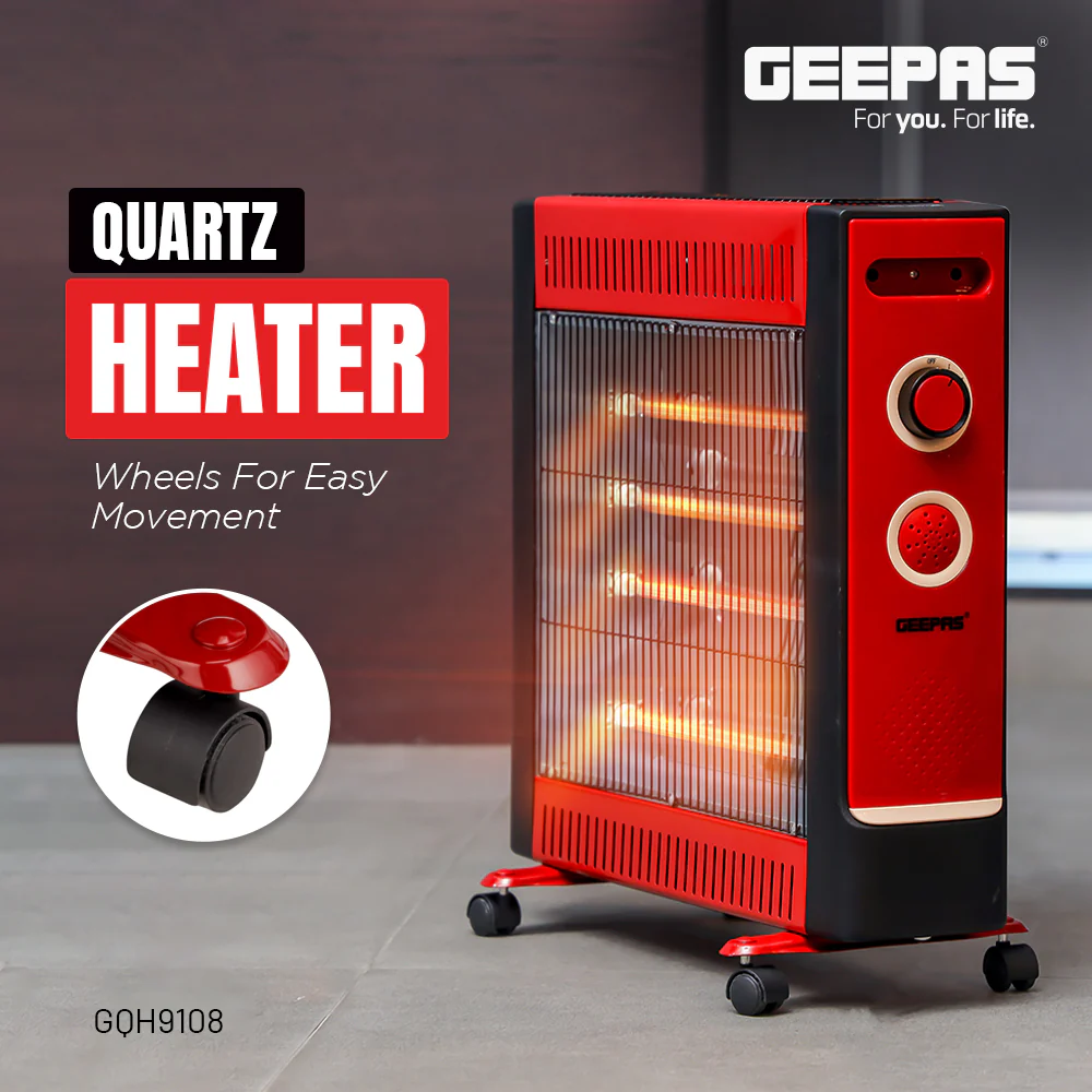 Geepas GQH9108 2200W Quartz Heater | 2 Heat Settings| Silent Operation| Adjustable Thermostat | Portable Design with Wheels| Energy Efficient & Safe | 2 Years Warranty - Image 6