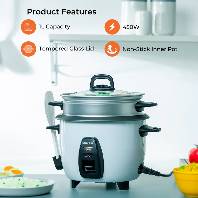 Geepas GRC4325 Multi-Function Rice Cooker | 1L Capacity|  Perfect for Cooking, Steaming & Keeping Food Warm |  Energy Efficient & Easy to Clean Design | 2 Years Warranty - Image 2