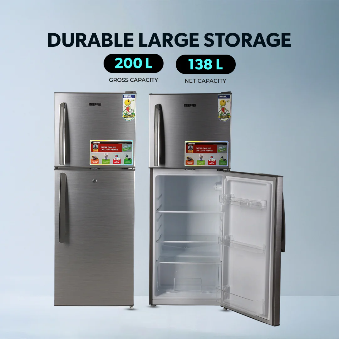 Geepas GRF2209SXE Double Door Defrost Refrigerator | Instant Cooling| Low Noise Operation| Adjustable Temperature Control|  Lock & Key| Silver Finish for Modern Kitchens - Image 5