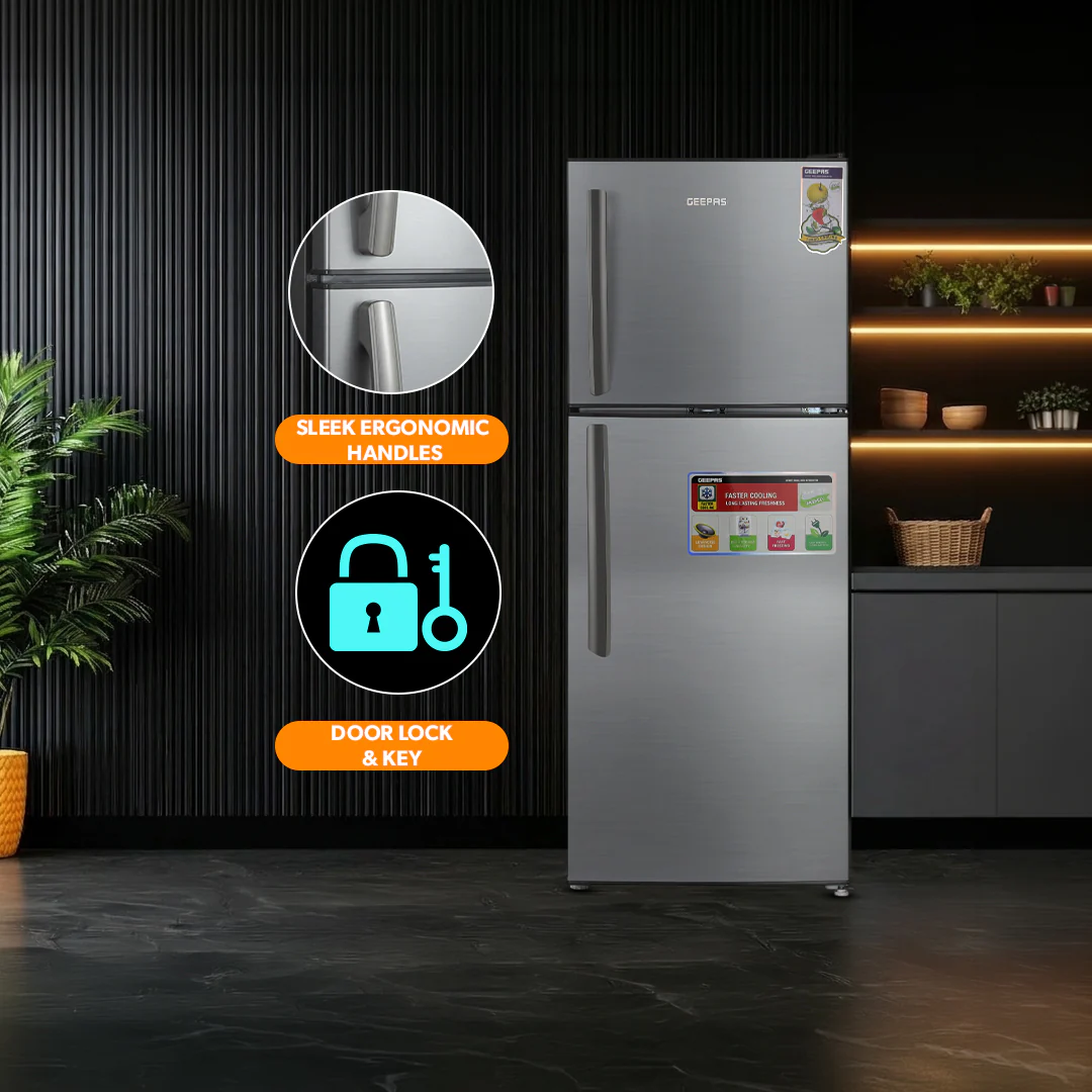 Geepas GRF2209SXE Double Door Defrost Refrigerator | Instant Cooling| Low Noise Operation| Adjustable Temperature Control|  Lock & Key| Silver Finish for Modern Kitchens - Image 6