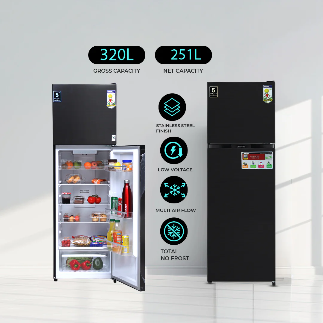 Geepas GRF3207SSXXN No Frost Double Door Refrigerator with Inverter Technology | Multi Air Flow  | Twist Ice Maker | Large Storage Capacity | Stainless Steel Finish - Image 3