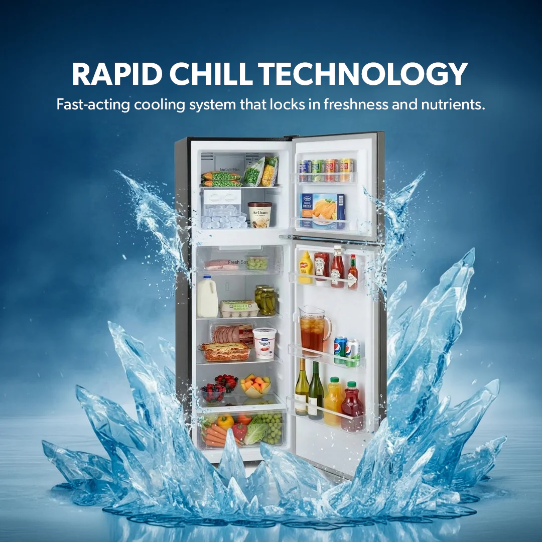Geepas GRF3207SSXXN No Frost Double Door Refrigerator with Inverter Technology | Multi Air Flow  | Twist Ice Maker | Large Storage Capacity | Stainless Steel Finish - Image 4