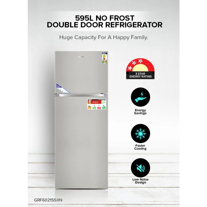 Geepas GRF6021SSXN 595L No Frost Double Door Refrigerator - Durable Low Consumption Fast Cooling & Low Noise | Preserves Freshness, Tempered Glass Shelves - Image 2