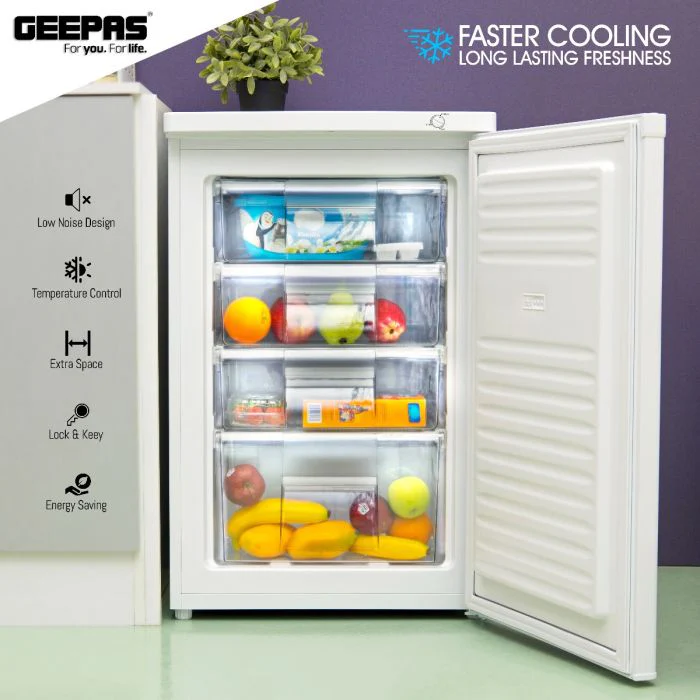 Geepas GRFU1206 Upright Freezer | 120L Capacity| -18°C Cooling| Tropical Compressor | 4 Crystal Drawers | Adjustable Thermostat|  3-Star ESMA Rating | 1-Year Warranty - Image 3