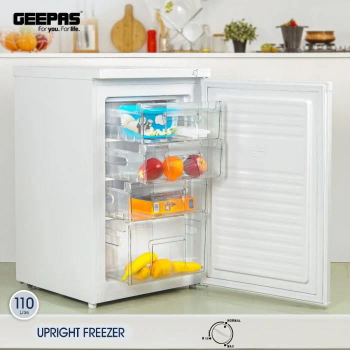 Geepas GRFU1206 Upright Freezer | 120L Capacity| -18°C Cooling| Tropical Compressor | 4 Crystal Drawers | Adjustable Thermostat|  3-Star ESMA Rating | 1-Year Warranty - Image 4