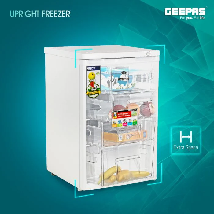 Geepas GRFU1206 Upright Freezer | 120L Capacity| -18°C Cooling| Tropical Compressor | 4 Crystal Drawers | Adjustable Thermostat|  3-Star ESMA Rating | 1-Year Warranty - Image 5