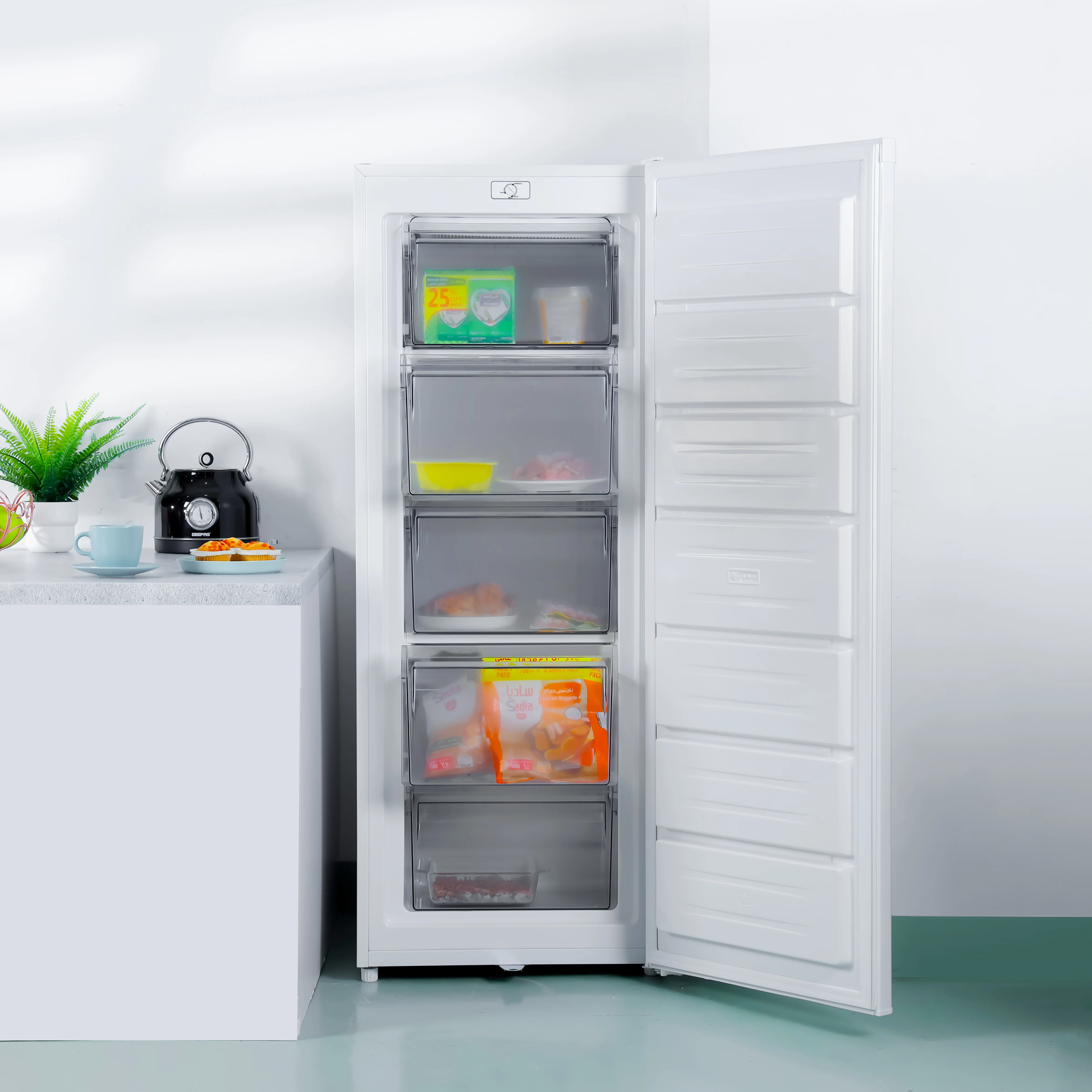 Geepas GRFU2006 Upright Freezer | 200L Capacity| -18°C Cooling| Tropical Compressor | 6 Crystal Drawers| Adjustable Thermostat|  3-Star ESMA Rating | 1-Year Warranty - Image 3