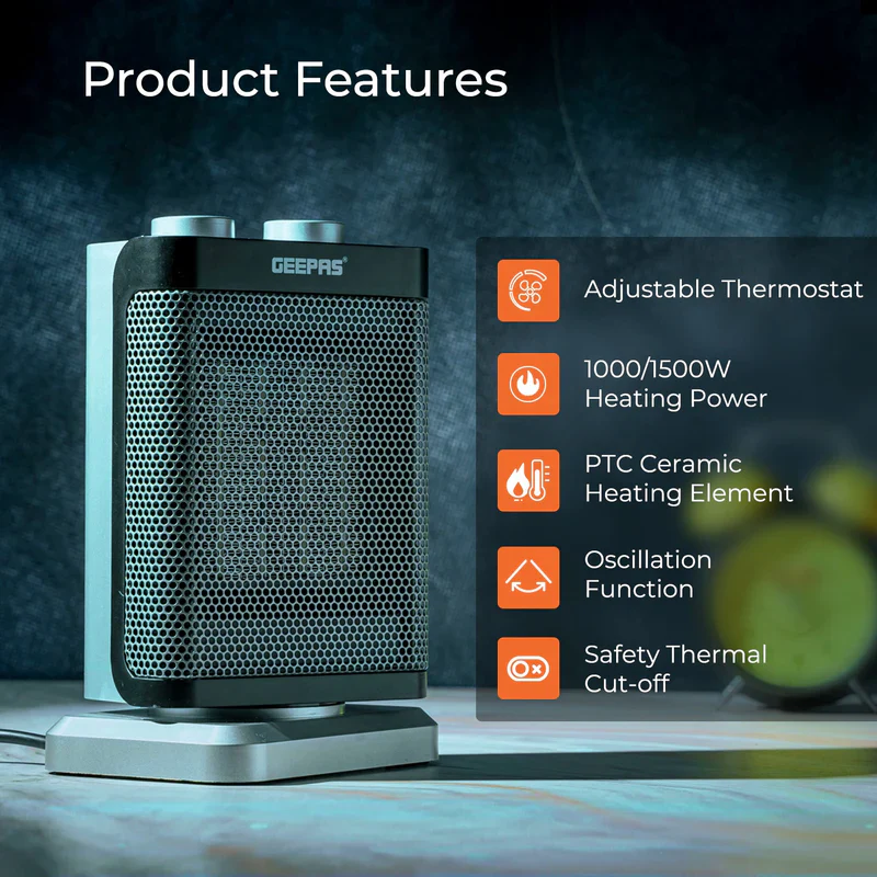 Geepas GRH28529 1500W PTC Fan Heater |Ceramic Heating Element| 2 Heat Settings 1000W/1500W| Adjustable Thermostat| Oscillation Function| Tip-Over Switch| 2 Years Warranty - Image 2