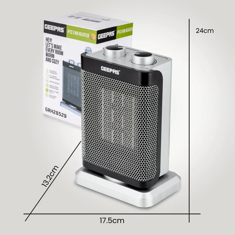 Geepas GRH28529 1500W PTC Fan Heater |Ceramic Heating Element| 2 Heat Settings 1000W/1500W| Adjustable Thermostat| Oscillation Function| Tip-Over Switch| 2 Years Warranty - Image 5