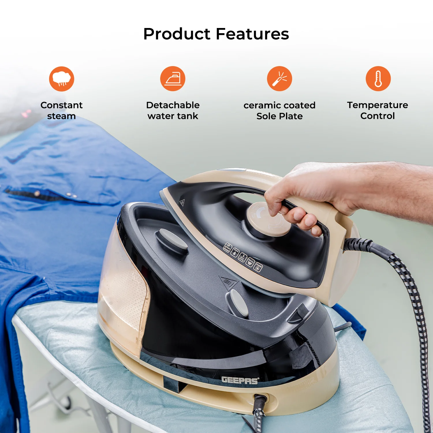 Geepas GS124032UK 2400W Steam Station | 1.2L Detachable Water Tank | Ceramic Coated Soleplate | Steam Boost Function & Adjustable Temperature Control | 2 Years Warranty - Image 4