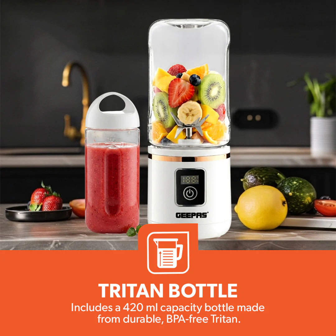 Geepas GSB44058 Rechargeable Portable Blender | 420ml USB Juicer | Digital Display | 6 Stainless Steel Blades Smoothie Maker | Travel, Home & Office Use | Portable Design - Image 4