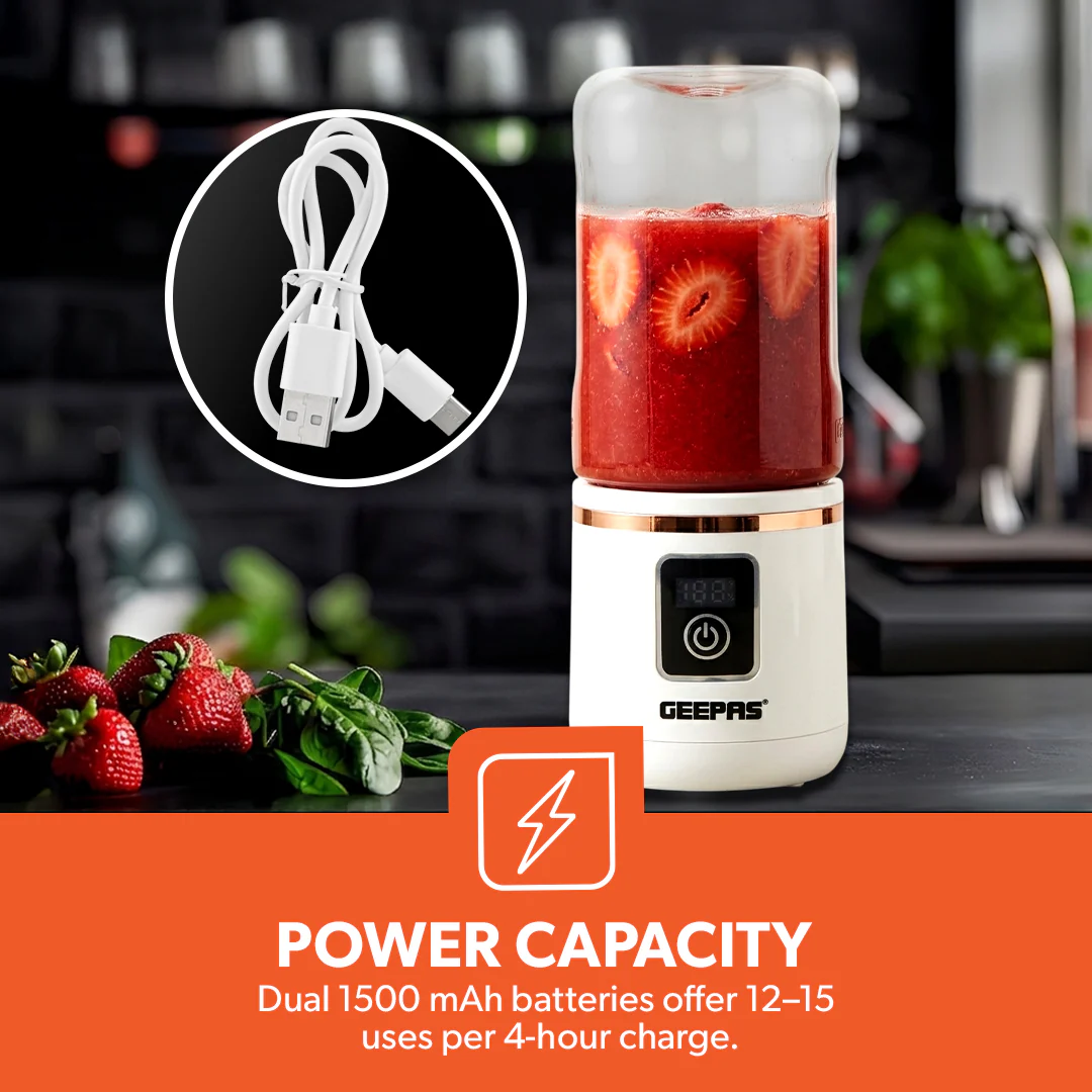 Geepas GSB44058 Rechargeable Portable Blender | 420ml USB Juicer | Digital Display | 6 Stainless Steel Blades Smoothie Maker | Travel, Home & Office Use | Portable Design - Image 5