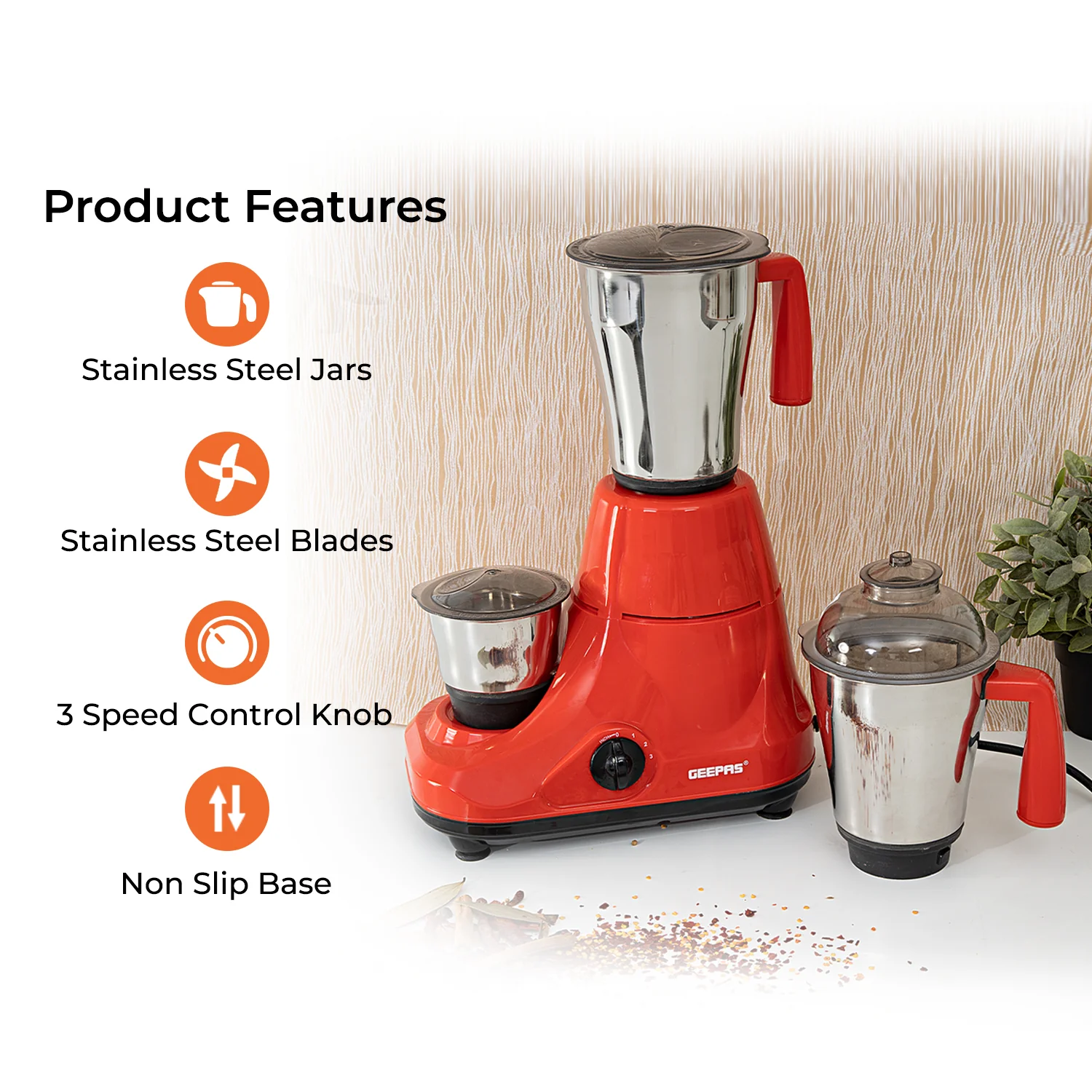 Geepas 3-in-1 Mixer Grinder | Powerful Motor with Stainless Steel Jars | Multi-Purpose Appliance for Grinding, Mixing & Blending | Sharp Blades | 2-Year Warranty - Image 5