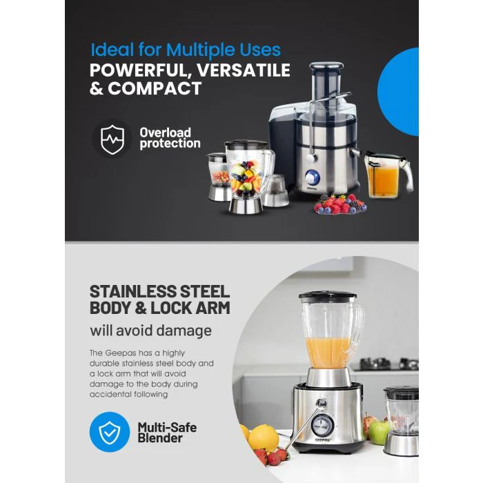 Geepas GSB5451 4 in 1 Juicer & Blender| 800W Stainless Steel Body| Wide Feeding Tube| 2 Speed + Pulse| Juicer, Blender| Grinder & Chopper|Unbreakable Jars|2 Year Warranty - Image 3
