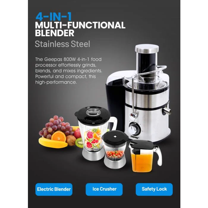 Geepas GSB5451 4 in 1 Juicer & Blender| 800W Stainless Steel Body| Wide Feeding Tube| 2 Speed + Pulse| Juicer, Blender| Grinder & Chopper|Unbreakable Jars|2 Year Warranty - Image 4