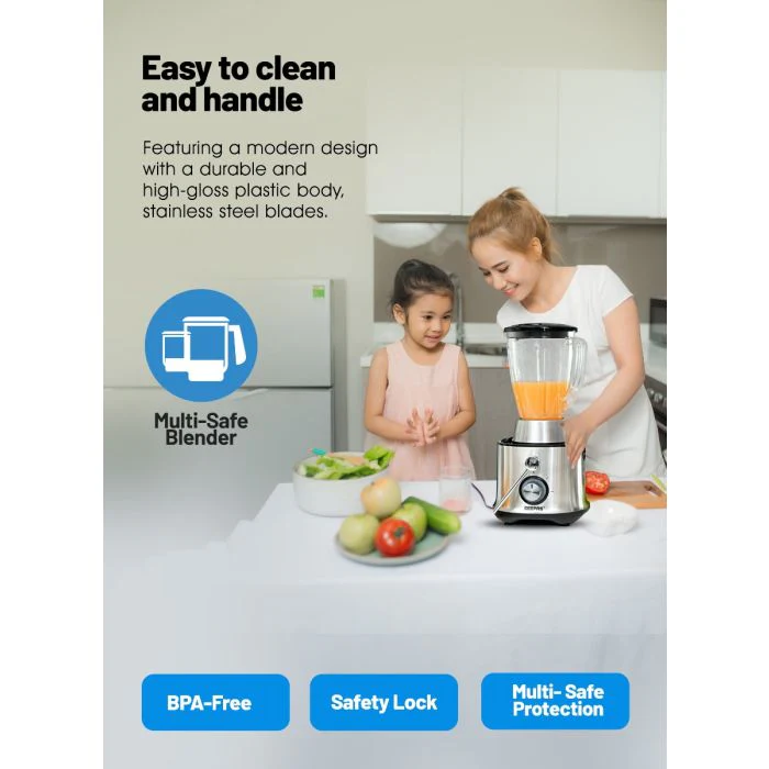 Geepas GSB5451 4 in 1 Juicer & Blender| 800W Stainless Steel Body| Wide Feeding Tube| 2 Speed + Pulse| Juicer, Blender| Grinder & Chopper|Unbreakable Jars|2 Year Warranty - Image 5