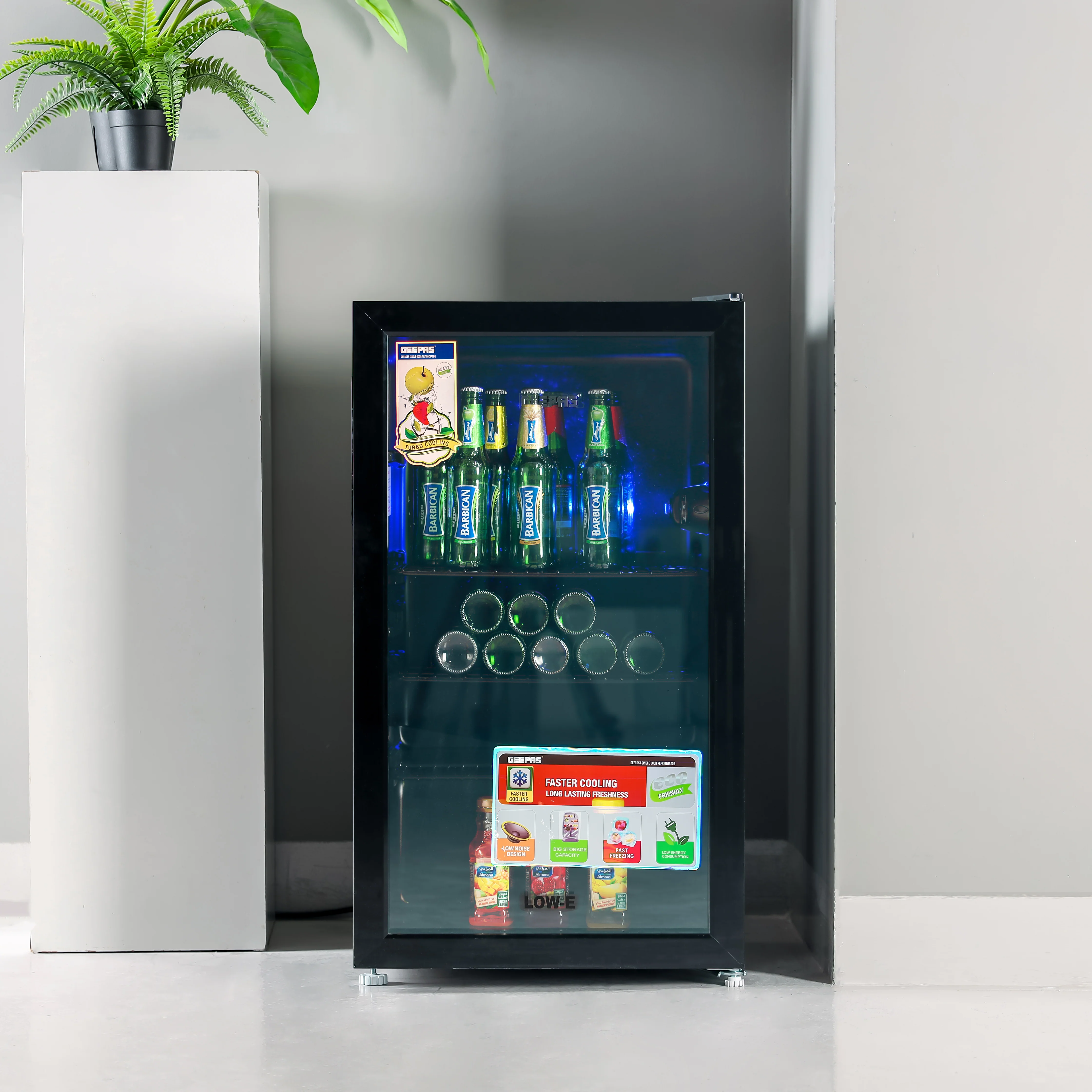 Geepas GSC1223  Showcase Chiller | Single Door Display Fridge | Low Noise, Quick Cooling | LED Light | Black Finish | Energy Efficient Beverage Cooler | 1 Year Warranty - Image 4