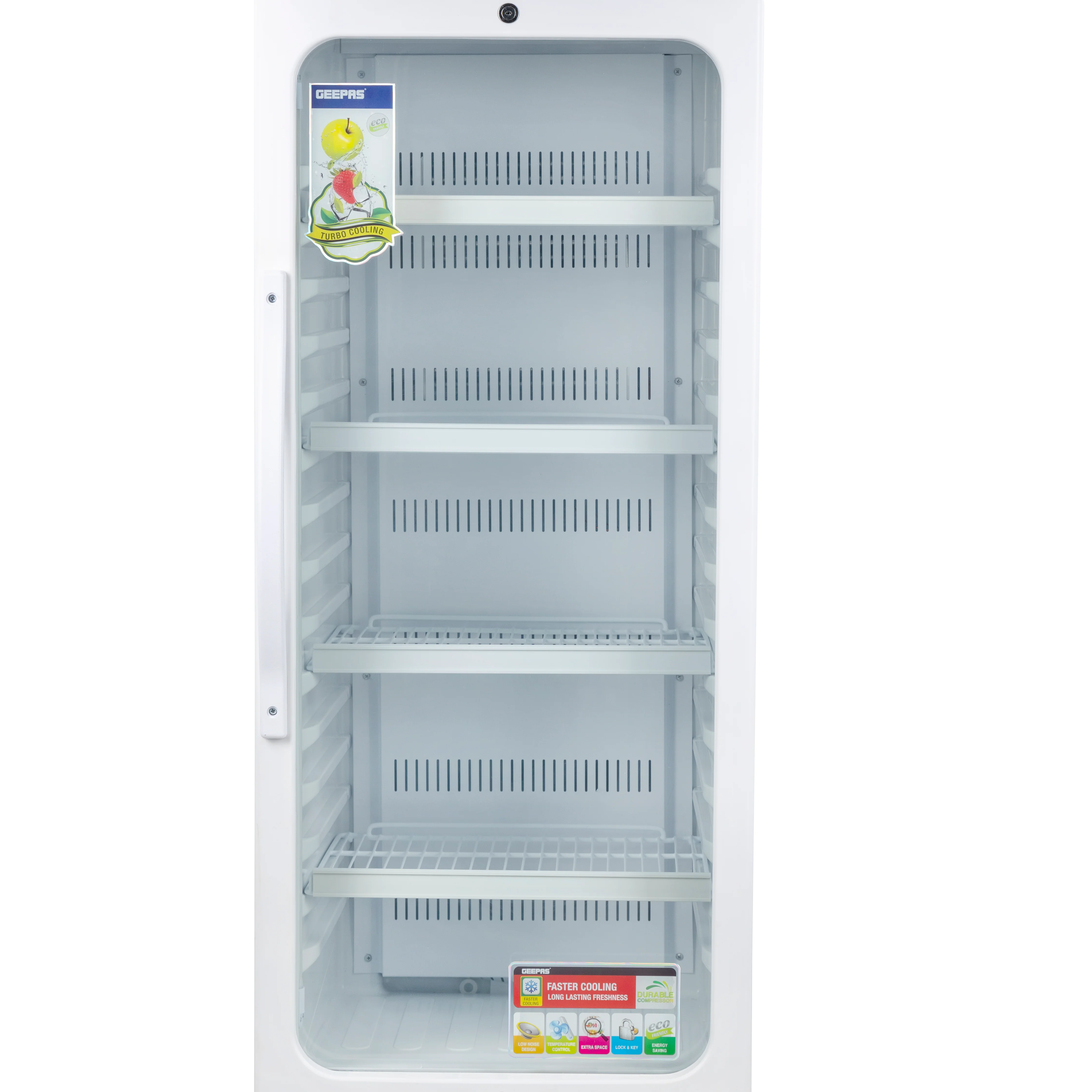 Geepas GSC6548 Upright Showcase | 300L Display Refrigerator| -3°C Cooling | Compressor Fan| Adjustable Thermostat | Transparent Door| Interior Lamp |  1-Year Warranty - Image 4