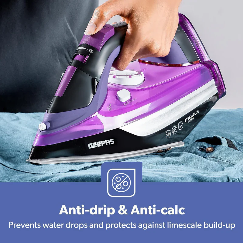 Geepas GSI24025 Ceramic Steam Iron | 3000W Powerful Iron with 480ml Water Tank | Adjustable Steam Control | Burst & Spray Function | Self-Cleaning | 2 Years Warranty - Image 6