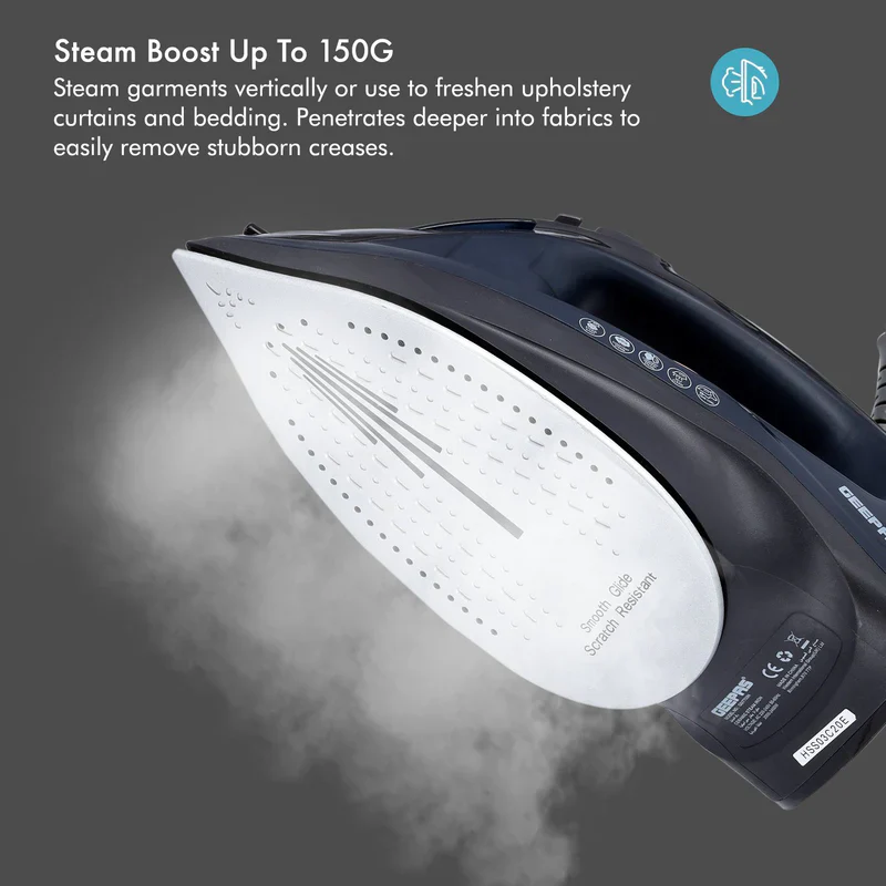 Geepas GSI7703 Ceramic Steam Iron | 2400W Powerful Steam Iron with 220ml Water Tank| Ceramic Soleplate| Self-Cleaning Function| Temperature Control & 2 Years Warranty - Image 4