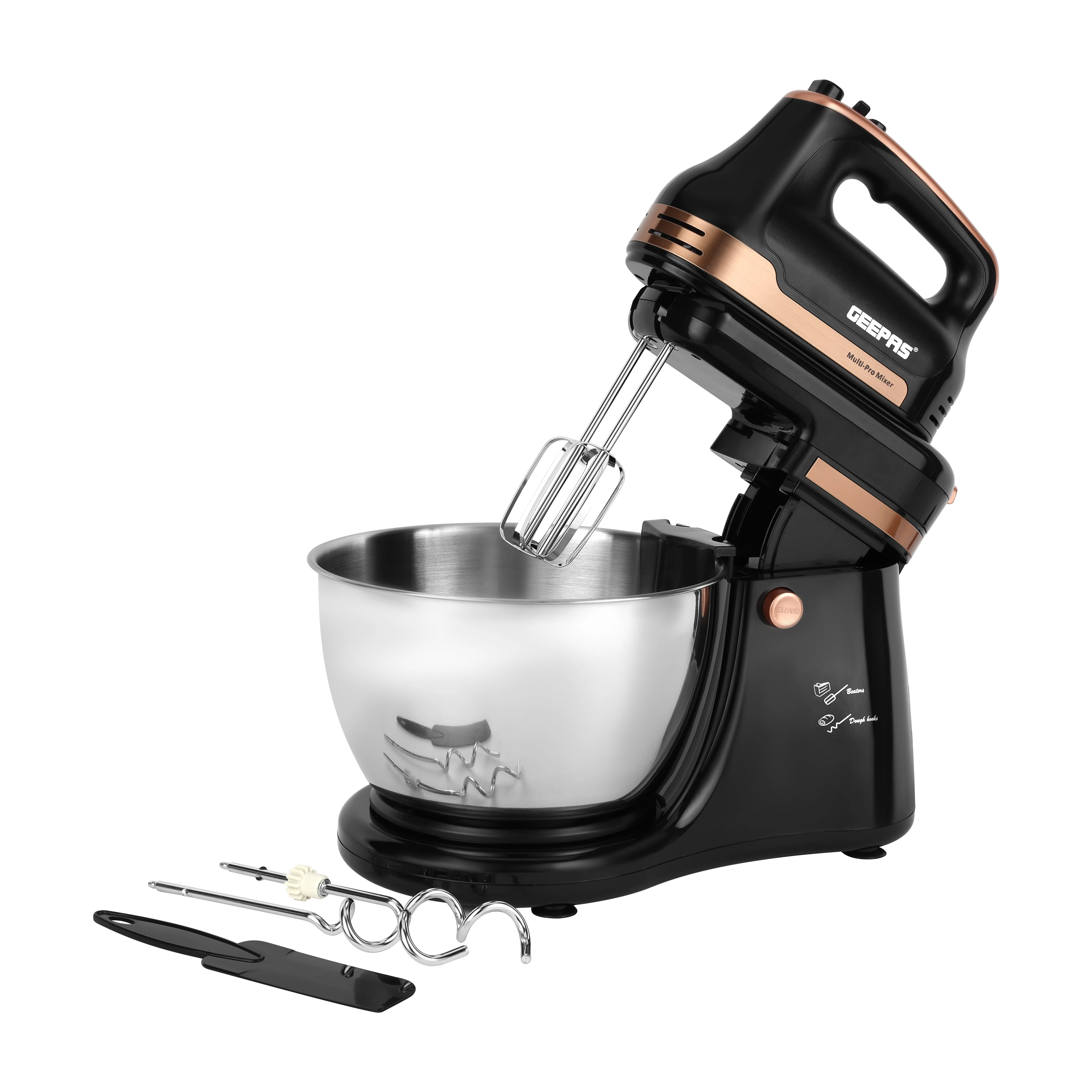 Geepas Stand Mixer GSM43033, 500W powerful motor with 4.5L stainless steel bowl, 5 speed + turbo, includes dough hook, beater & whisk, black & silver, 2-year warranty - Image 3