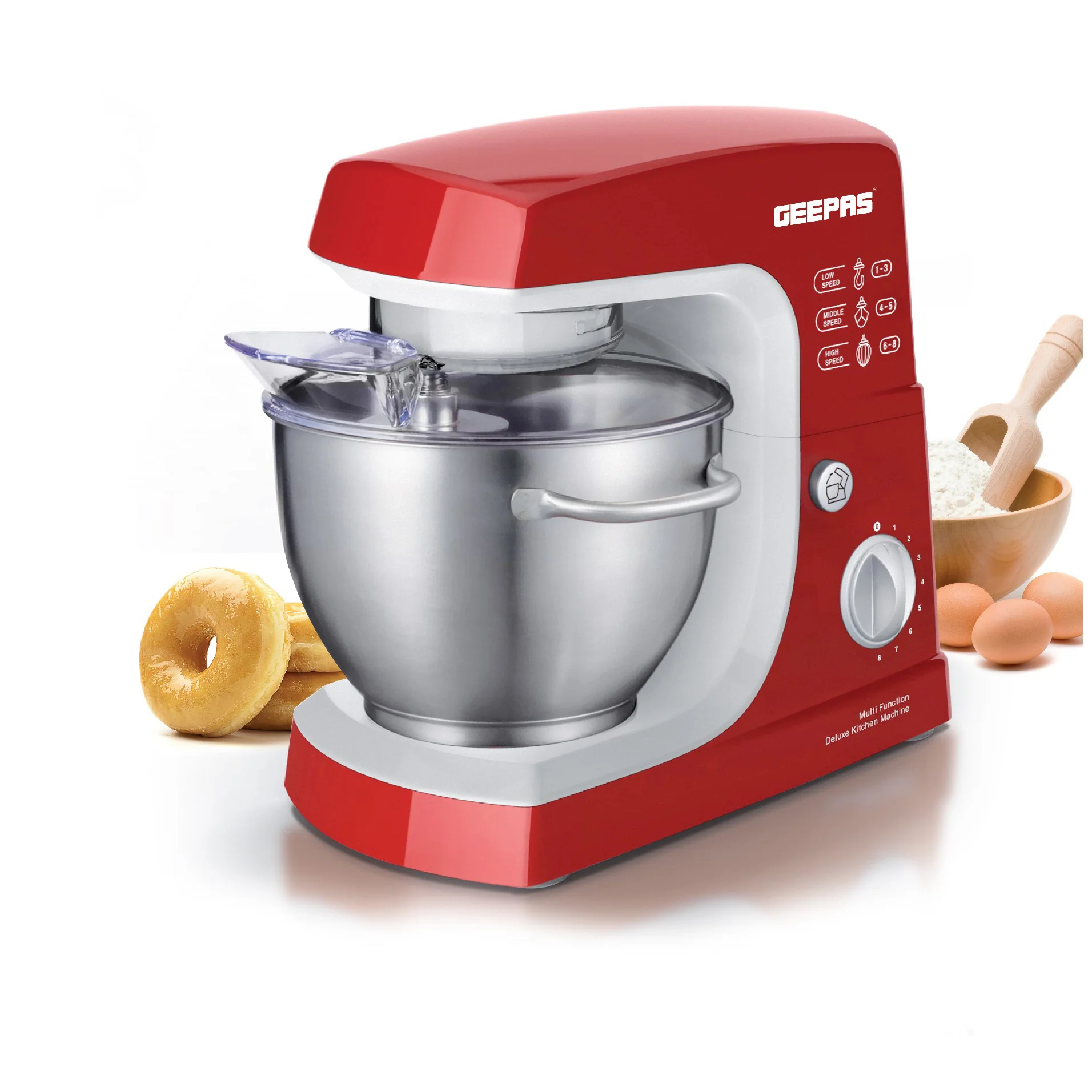 Geepas GSM5442 Stand Mixer | 600W Motor, 4.2L Stainless Steel Bowl| 8-Speed Control| Planetary Action| Overheat Protection| Whisk, Dough Hook, Beater| 2 Years Warranty