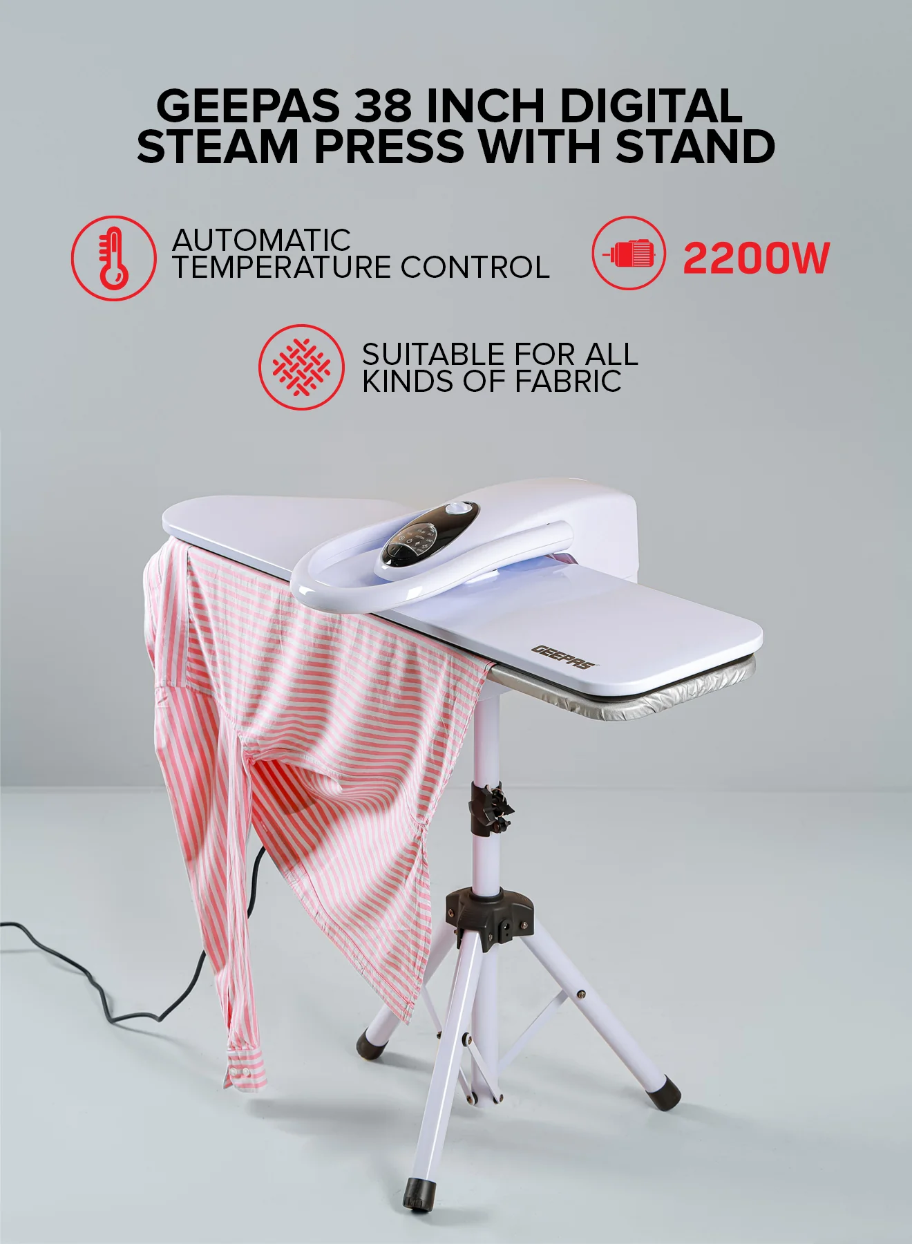 Geepas GSP25037 38-Inch Digital Steam Press with Stand | 2200W Power| Auto Temperature Control | Large Pressing Surface| Adjustable Steam| Safety Lock| 2 Years Warranty - Image 2