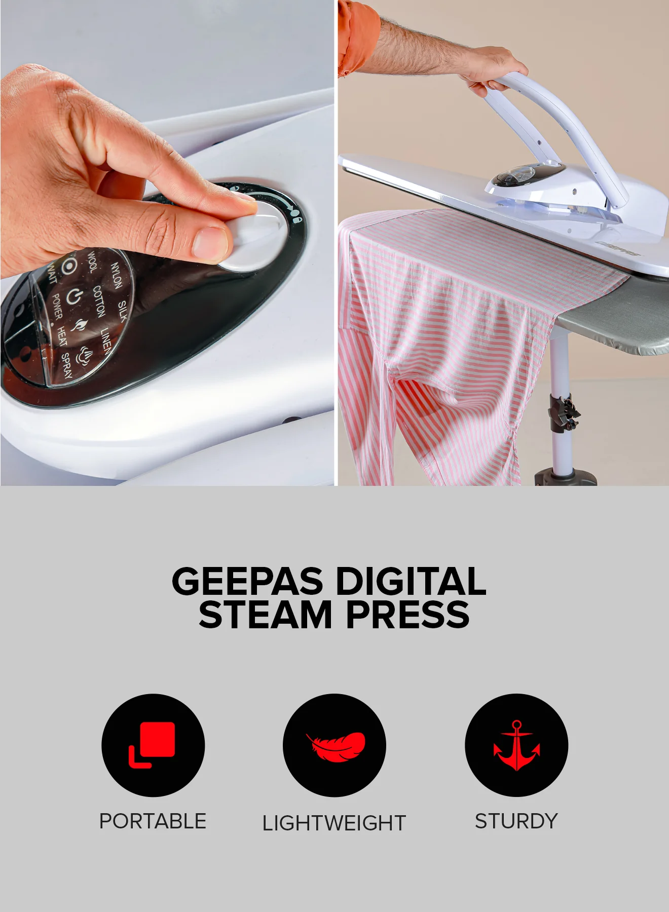 Geepas GSP25037 38-Inch Digital Steam Press with Stand | 2200W Power| Auto Temperature Control | Large Pressing Surface| Adjustable Steam| Safety Lock| 2 Years Warranty - Image 3