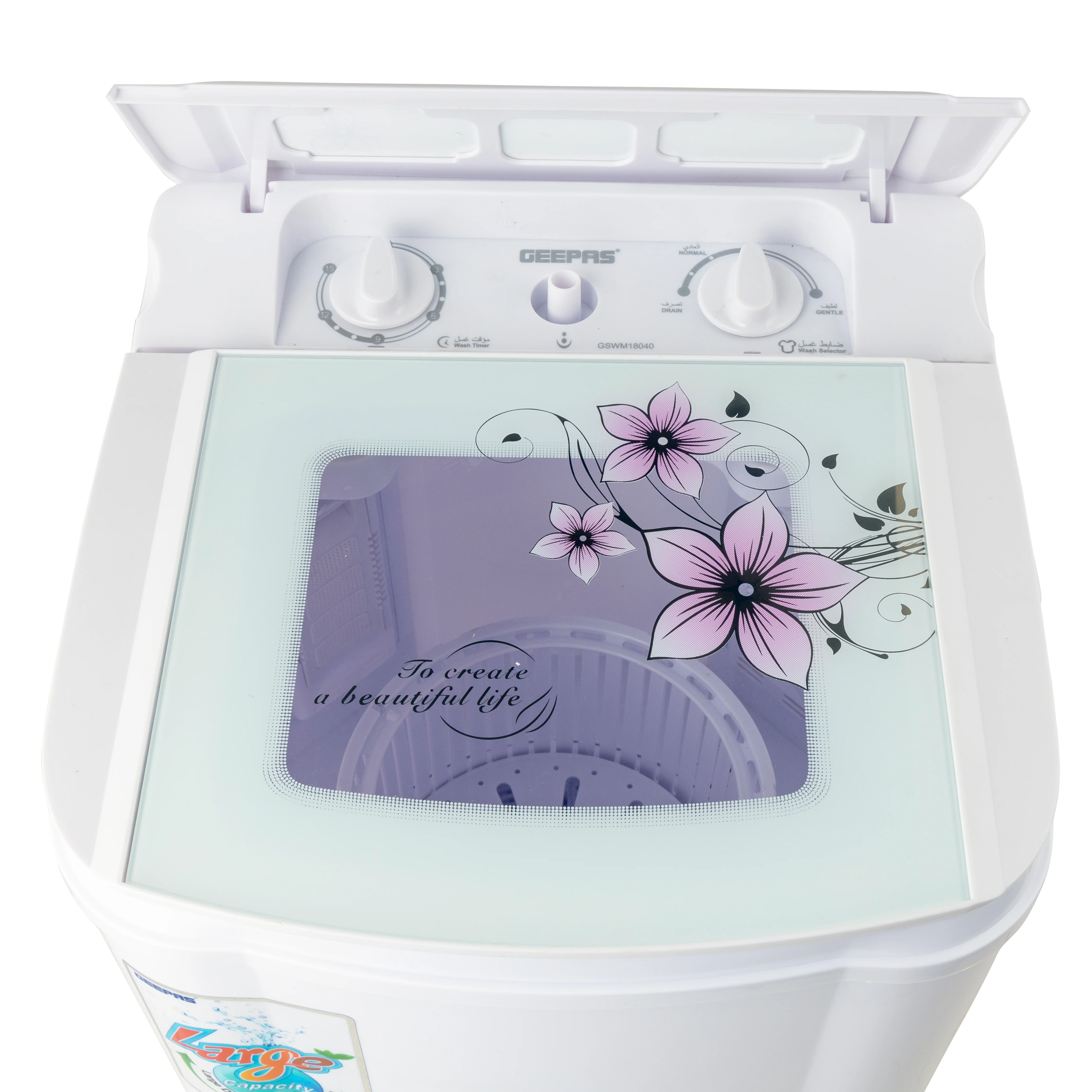 Geepas GSWM18040 Semi Automatic Washing Machine | 3.5kg Capacity| 250W Wash Power| Tempered Glass Cover | 2-in-1 Wash & Spin Function | High Spin Speed| 1-Year Warranty - Image 2
