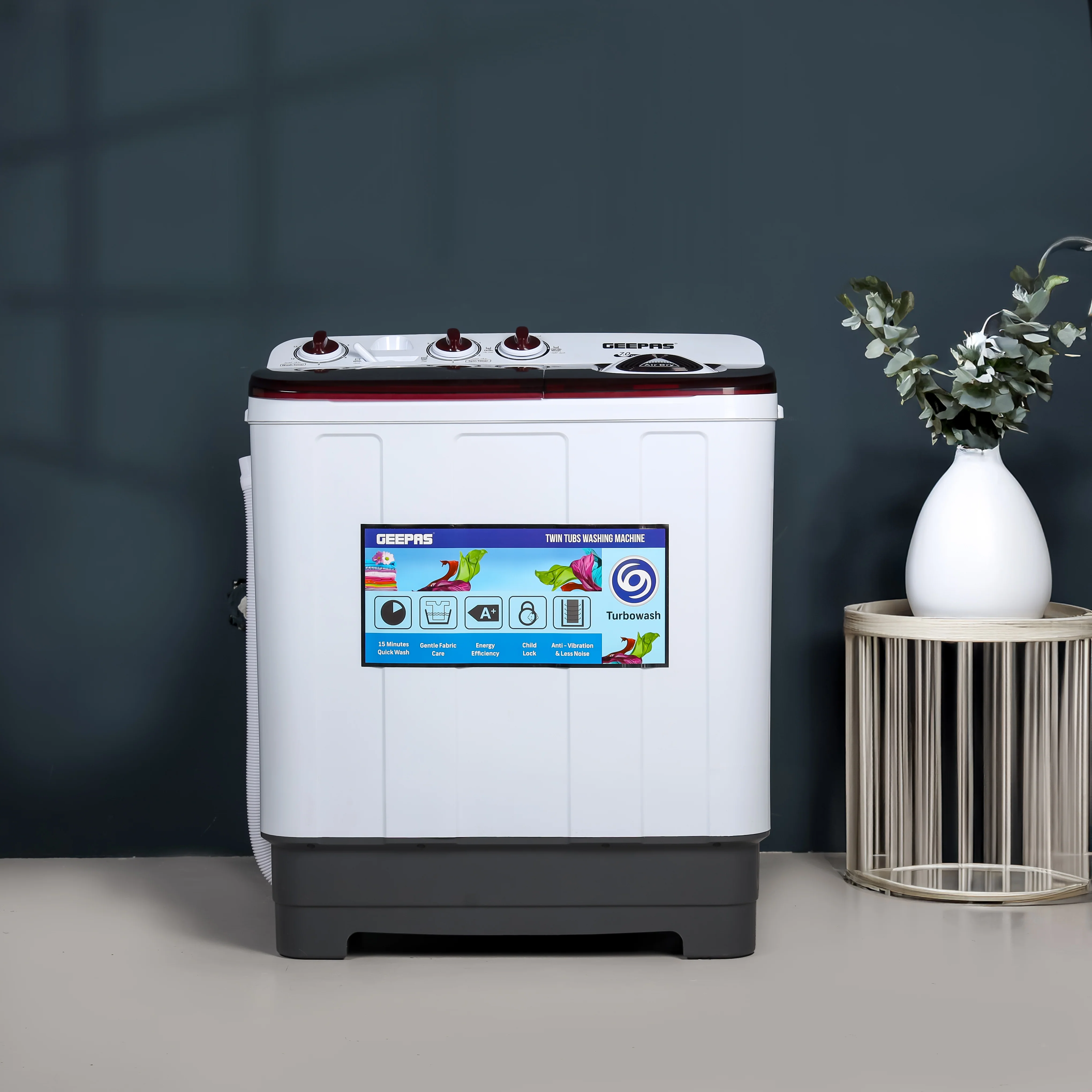 Geepas GSWM18041 Twin Tub Washing Machine | 7Kg Wash & 5Kg Spin Capacity| Big Pulsator| Air Dry Function| Transparent Lid| Magic Filter| Durable Body & 1-Year Warranty - Image 2