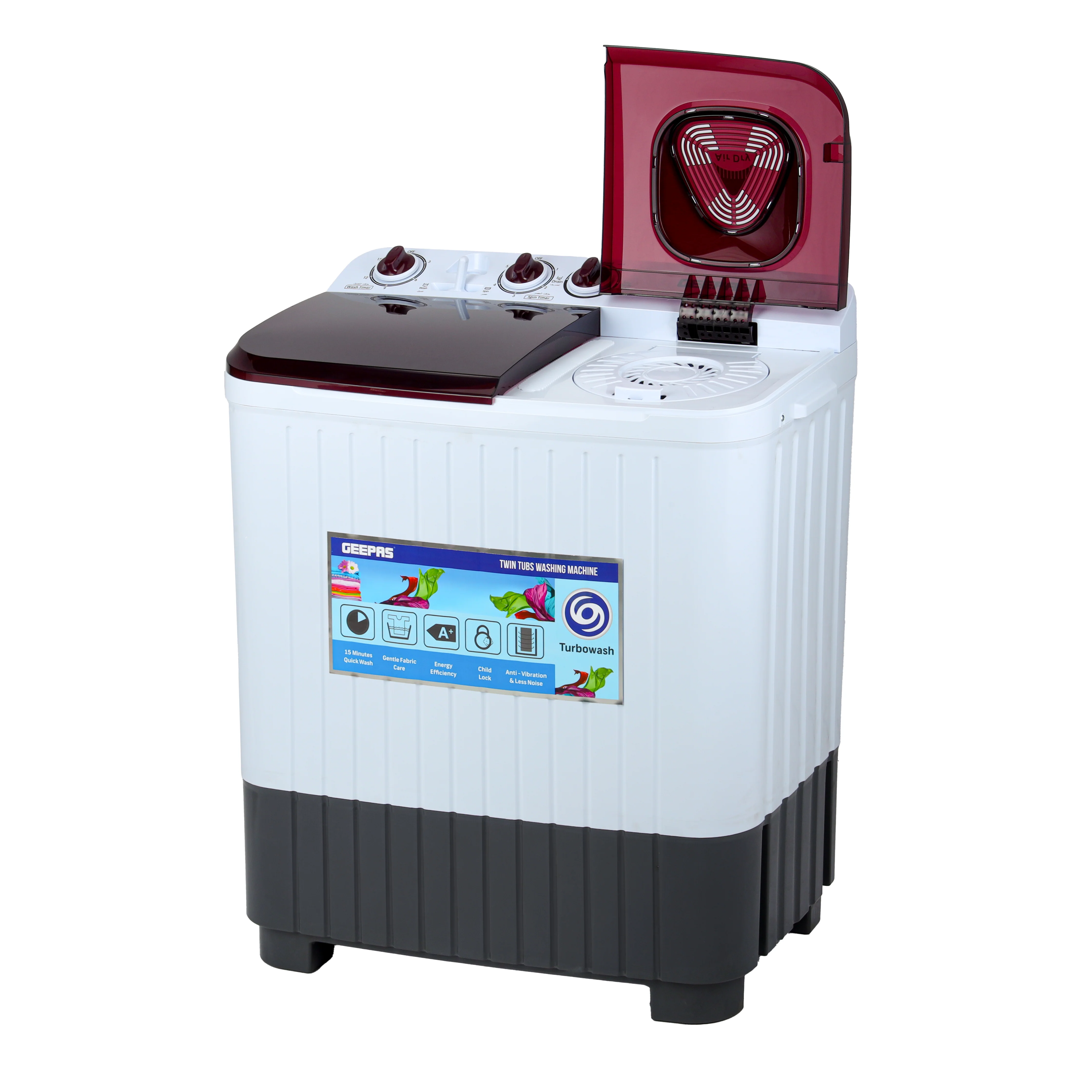 Geepas GSWM18042 Twin Tub Washing Machine | 9kg Wash Capacity with Big Pulsator | Air Dry Function | Magic Filter | Transparent Top Lid and IPX4 Water Protection - Image 3