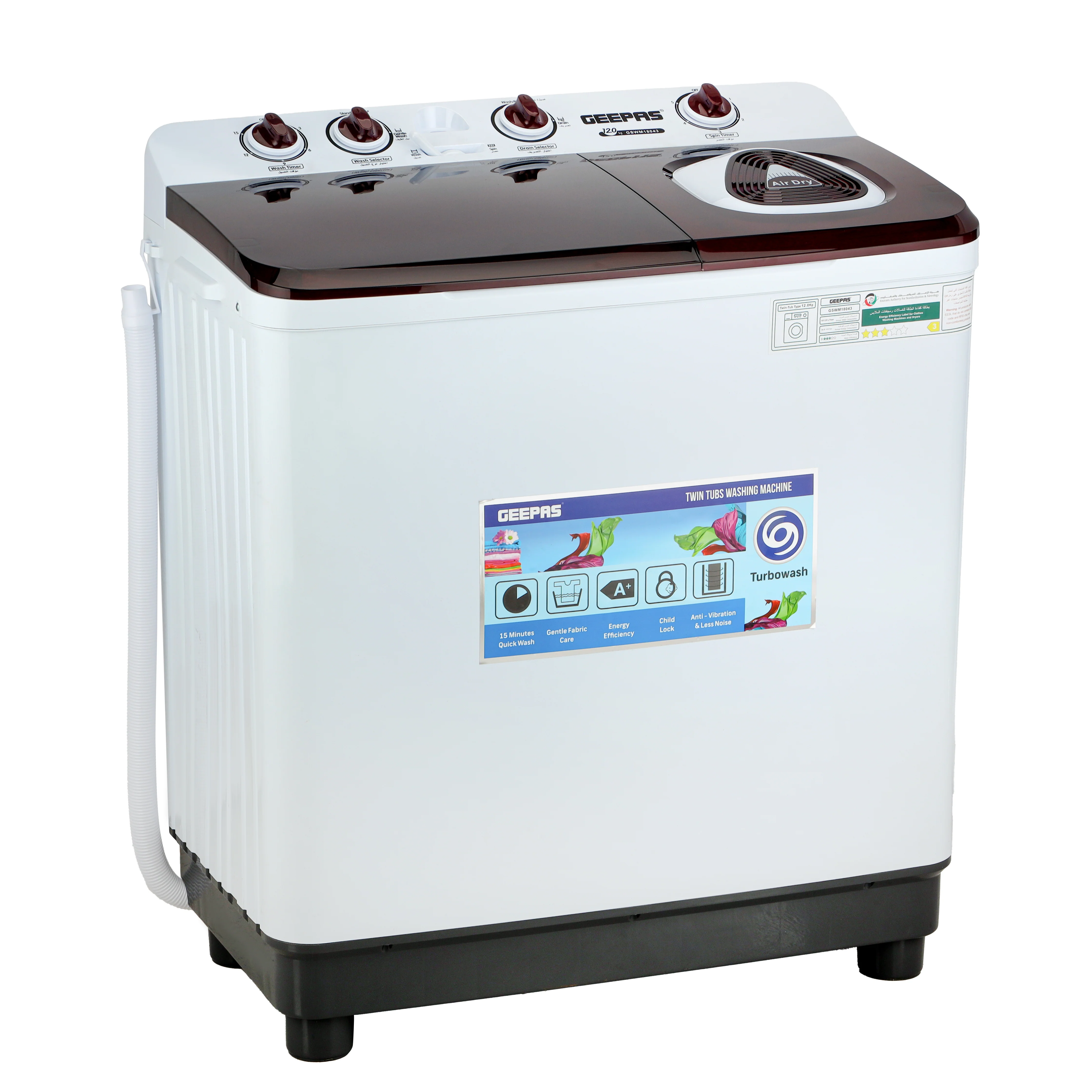 Geepas GSWM18043 Twin Tub Washing Machine | 12kg Wash Capacity with Big Pulsator |  Air Dry Function | Magic Filter |  Double Layer Body and IPX4 Water Protection - Image 3
