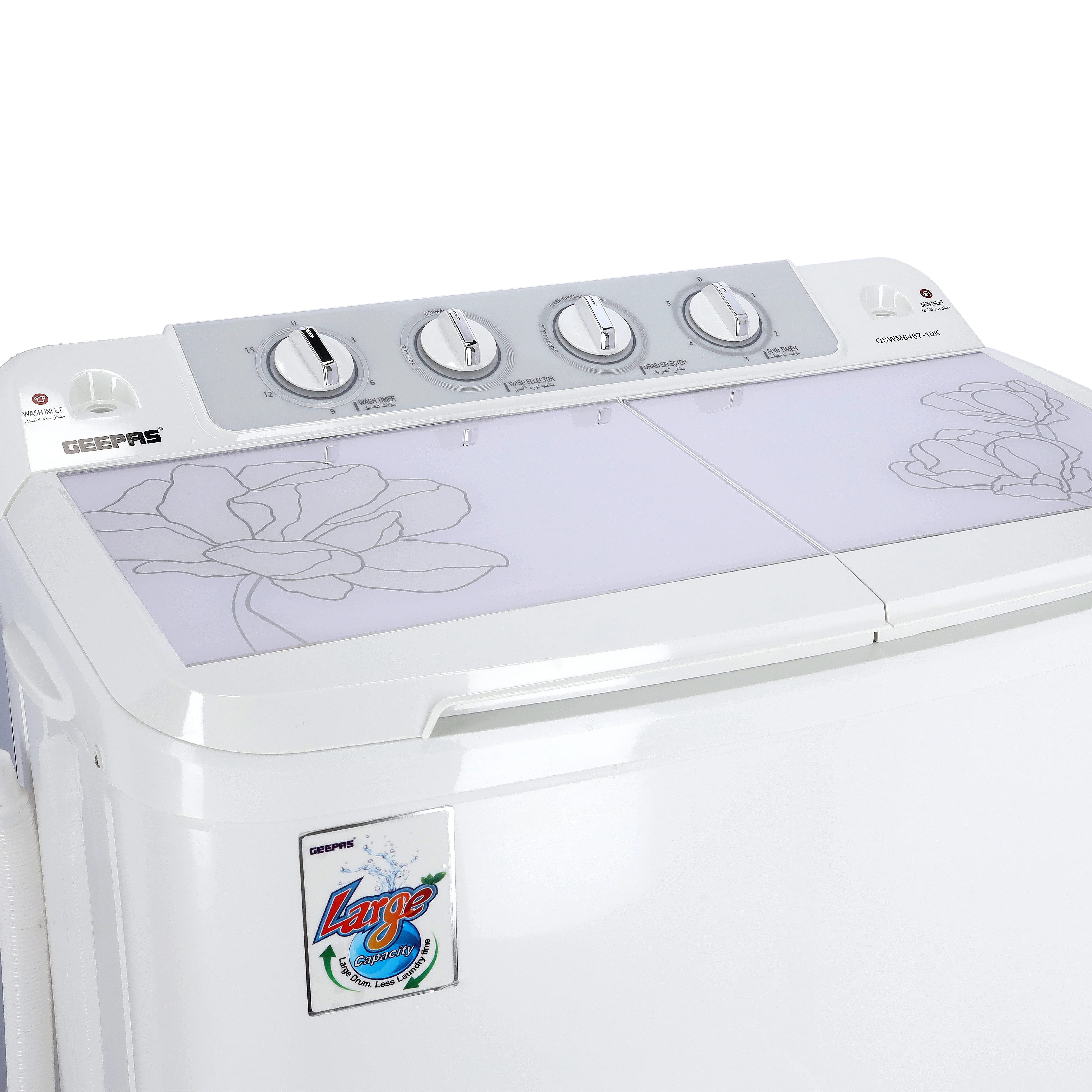Geepas GSWM6467 Semi Automatic Washing Machine  | 9.2Kg Large Capacity | Tempered Glass Cover | Low Noise Motor | High Back Control Panel & 610W Power Efficiency - Image 5