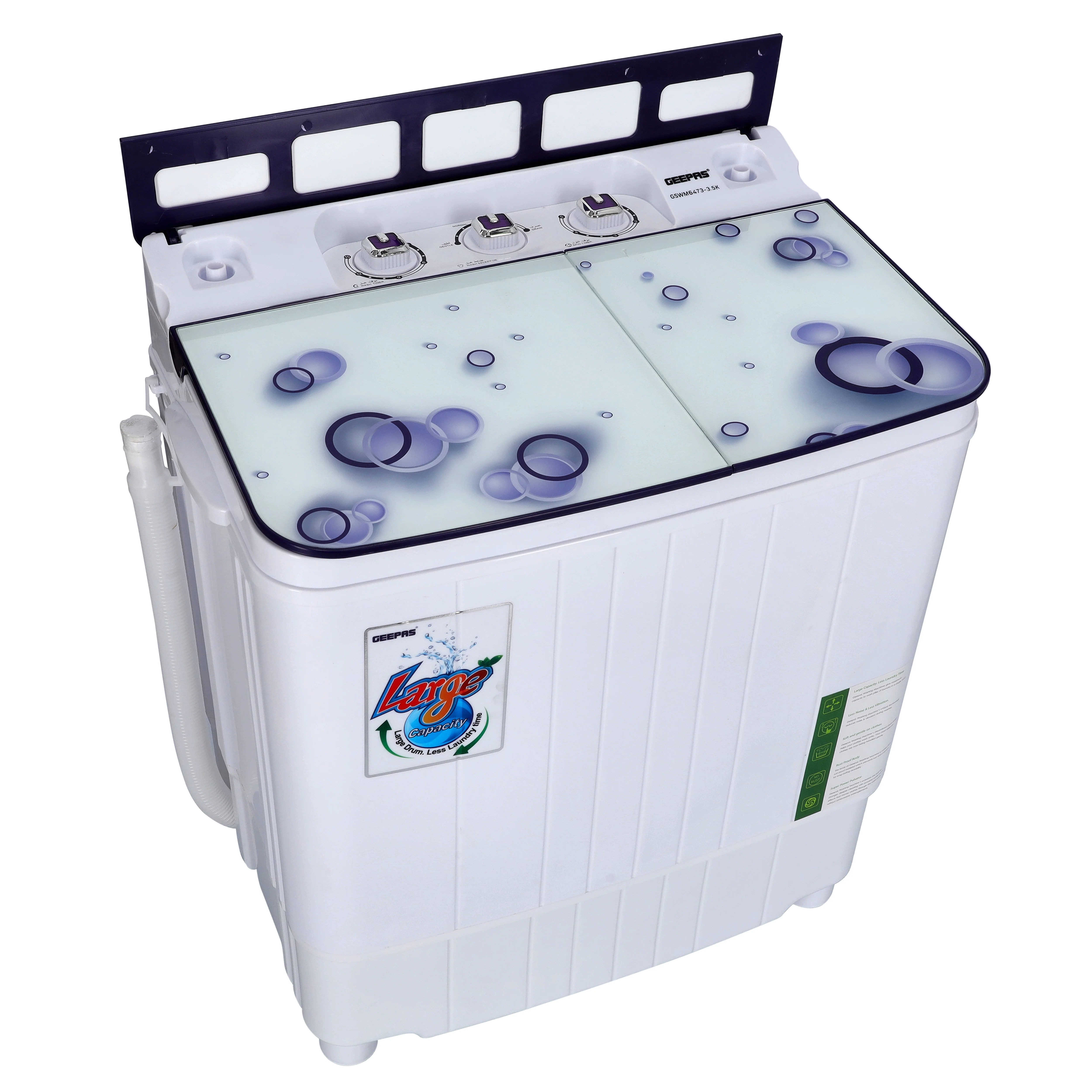 Geepas GSWM6473-3.5K Semi Automatic Mini Washing Machine | 3.5kg Wash / 1kg Spin Capacity |  360W Motor |  Tempered Glass Cover | Dual Water Inlet & Modern Design - Image 4