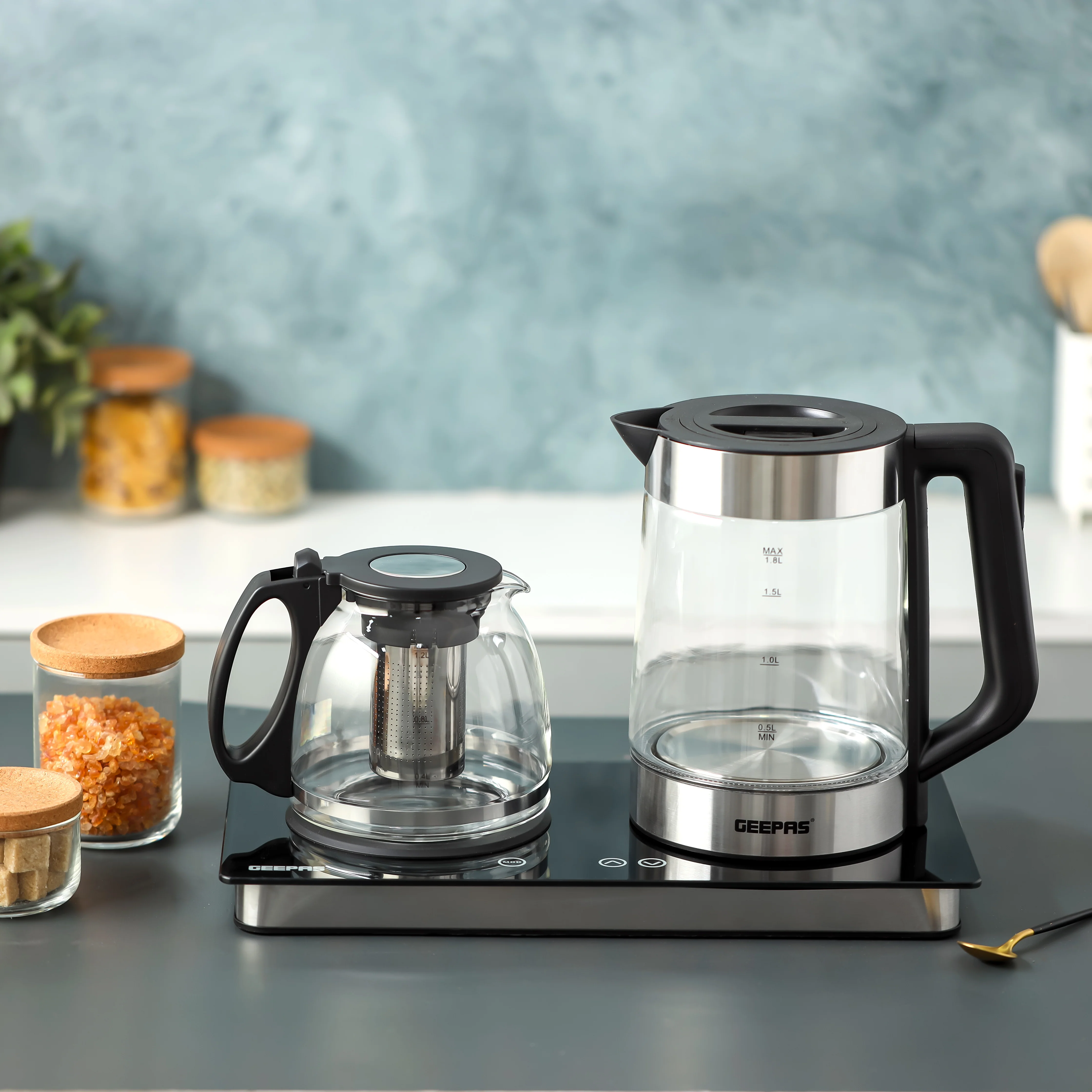 Geepas Borosilicate Glass Digital Tea Maker- GTM38065/ 1.8 L and 1.2 L, Touch Screen Control, 60W for Fast Boiling/  2 Years Warranty, Silver and Black - Image 2