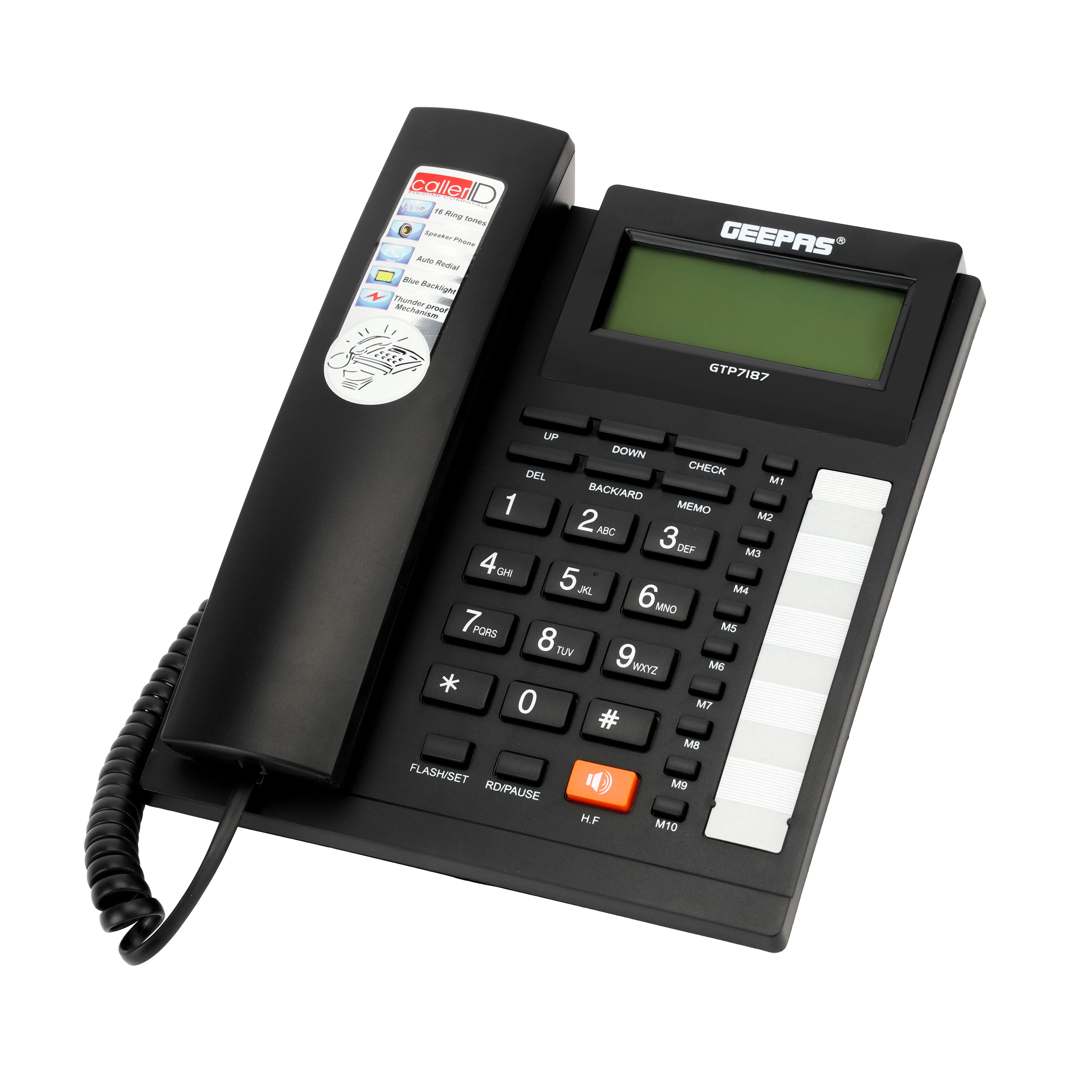 Geepas GTP7187 Executive Telephone with Caller ID | 16 Digit LCD Display | Blue Backlight|  Hands-Free Function| 16 Ringtones| FSK/DTMF Desk Phone for Home & Office Use - Image 2