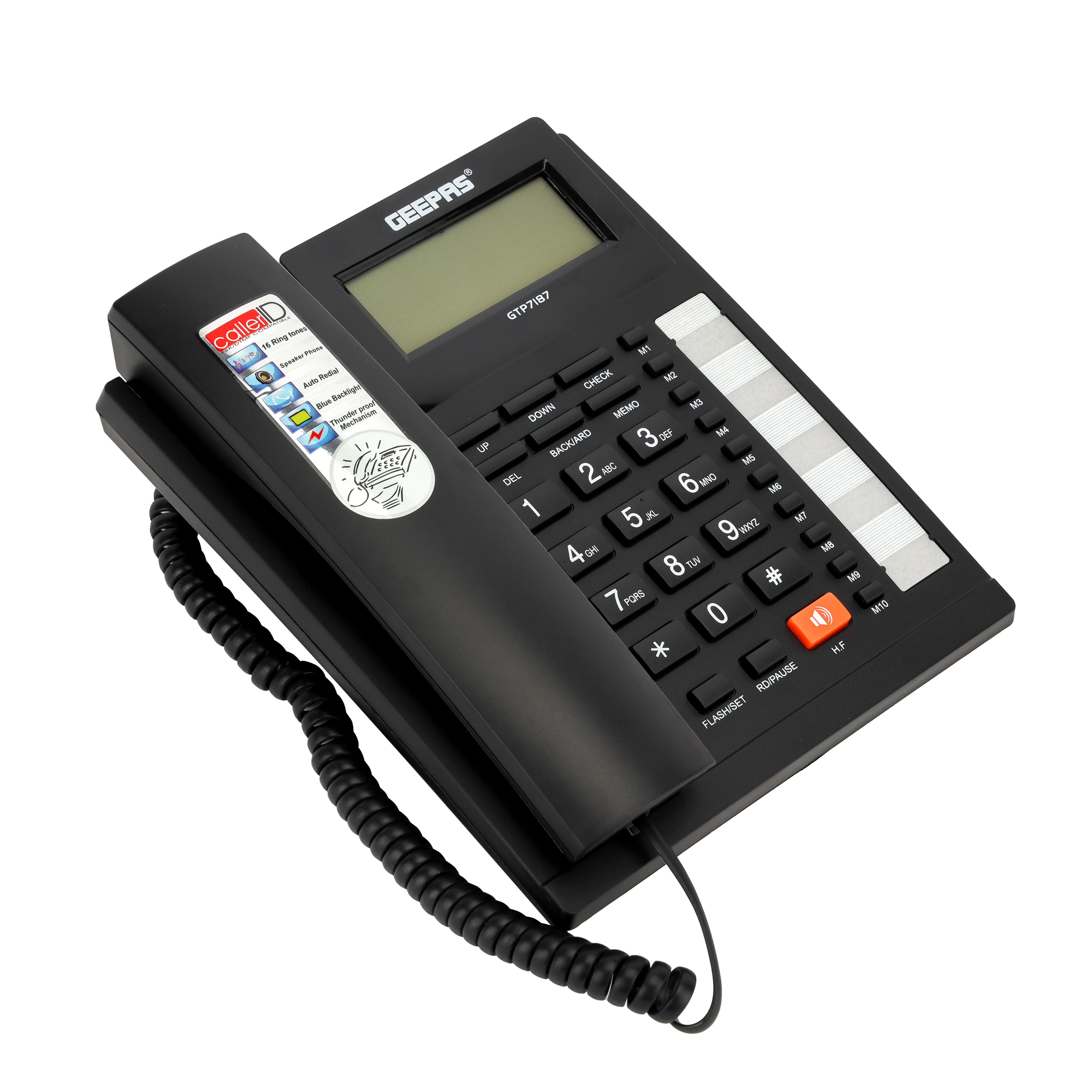 Geepas GTP7187 Executive Telephone with Caller ID | 16 Digit LCD Display | Blue Backlight|  Hands-Free Function| 16 Ringtones| FSK/DTMF Desk Phone for Home & Office Use - Image 3