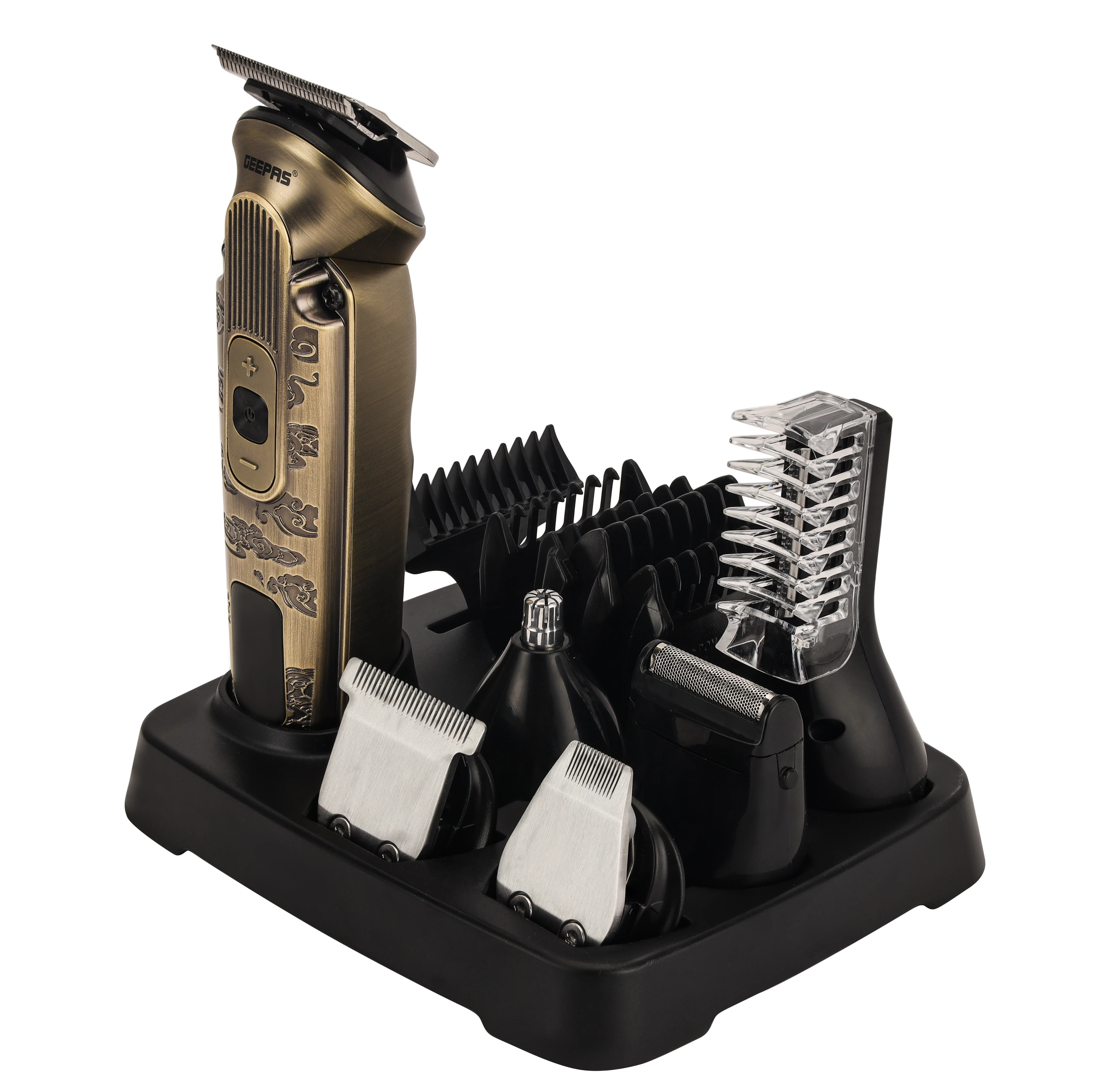 Geepas GTR56041 Digital 6 Heads Grooming Kit | IPX6 Waterproof | 3-Speed Settings | Digital Display | 6 Trimmer Attachments | Powerful DC Motor | 2-Year Warranty