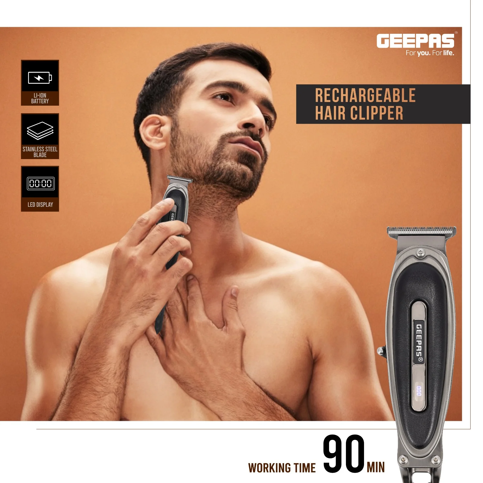 Geepas GTR56044 Rechargeable Hair Clipper |Zero-Cut Stainless Steel T-Blade| LED Display| Li-ion Battery|Type-C Charging| Metal Body| Leather Touch Decor| 2-Year Warranty - Image 3