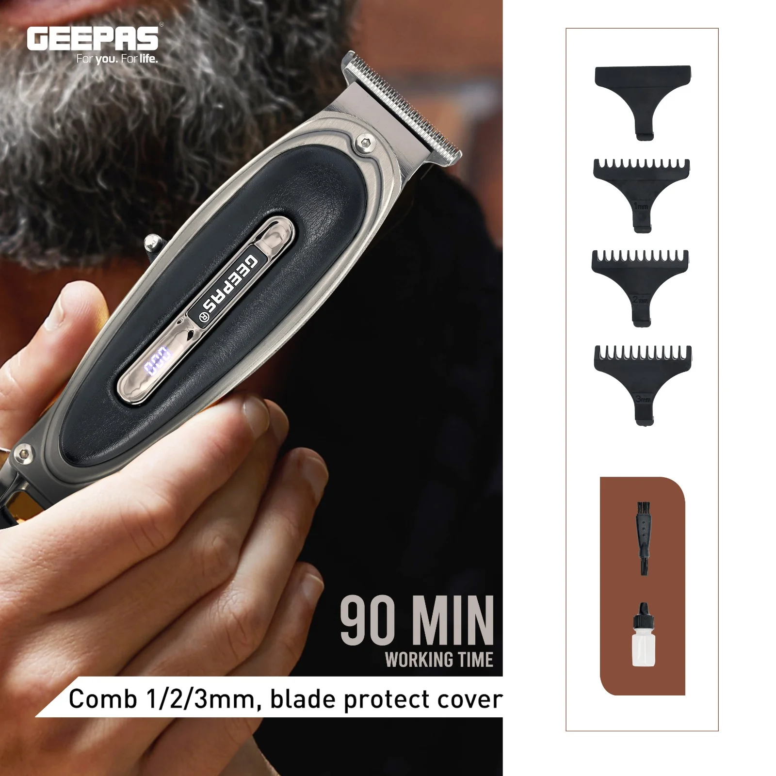 Geepas GTR56044 Rechargeable Hair Clipper |Zero-Cut Stainless Steel T-Blade| LED Display| Li-ion Battery|Type-C Charging| Metal Body| Leather Touch Decor| 2-Year Warranty - Image 4