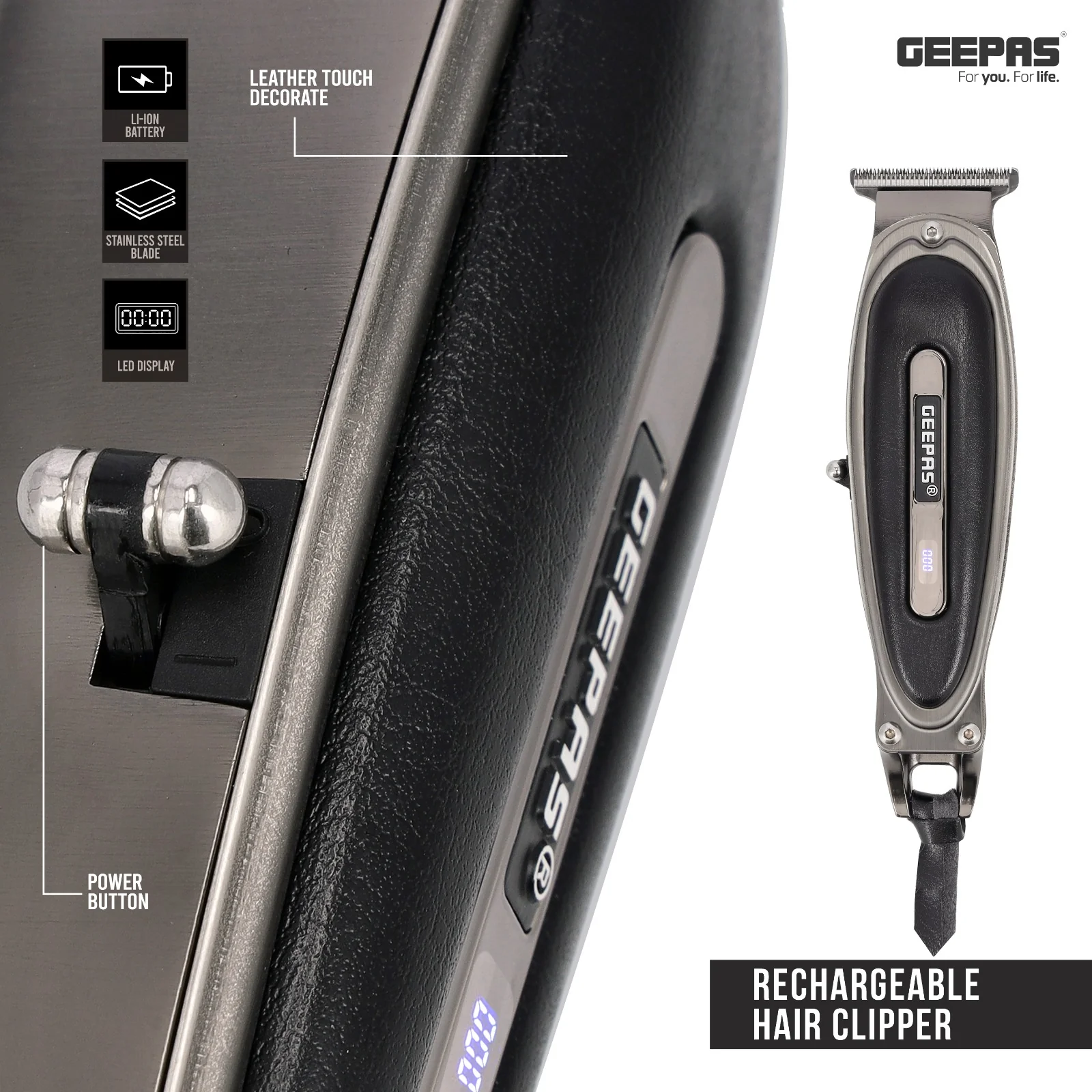 Geepas GTR56044 Rechargeable Hair Clipper |Zero-Cut Stainless Steel T-Blade| LED Display| Li-ion Battery|Type-C Charging| Metal Body| Leather Touch Decor| 2-Year Warranty - Image 5
