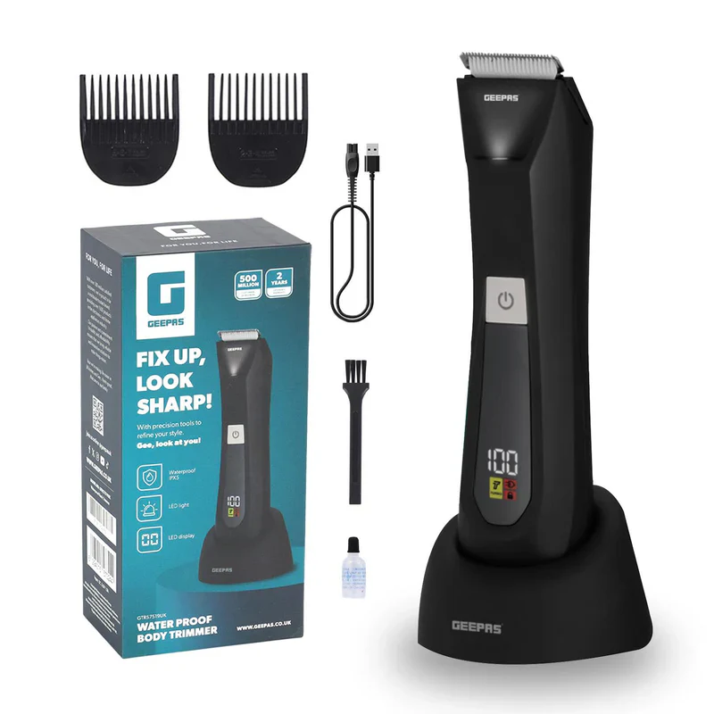 Geepas GTR57519UK Waterproof Body Trimmer with LED Display | IPX5 Protection | Ceramic & Stainless Steel Blades | 2-Speed Control | LED Light for Full Body Grooming