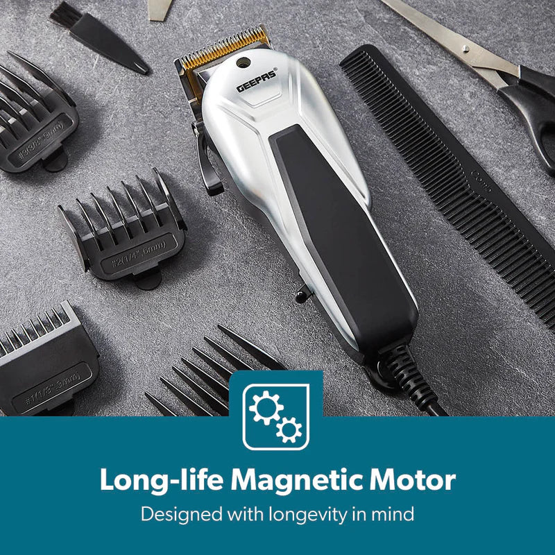 Geepas GTR8658N Professional Hair Clipper | Gold Titanium Carbon Steel Blade | Adjustable Control Lever | Magnetic Motor | 4 Detachable Combs | Barber Accessories - Image 5