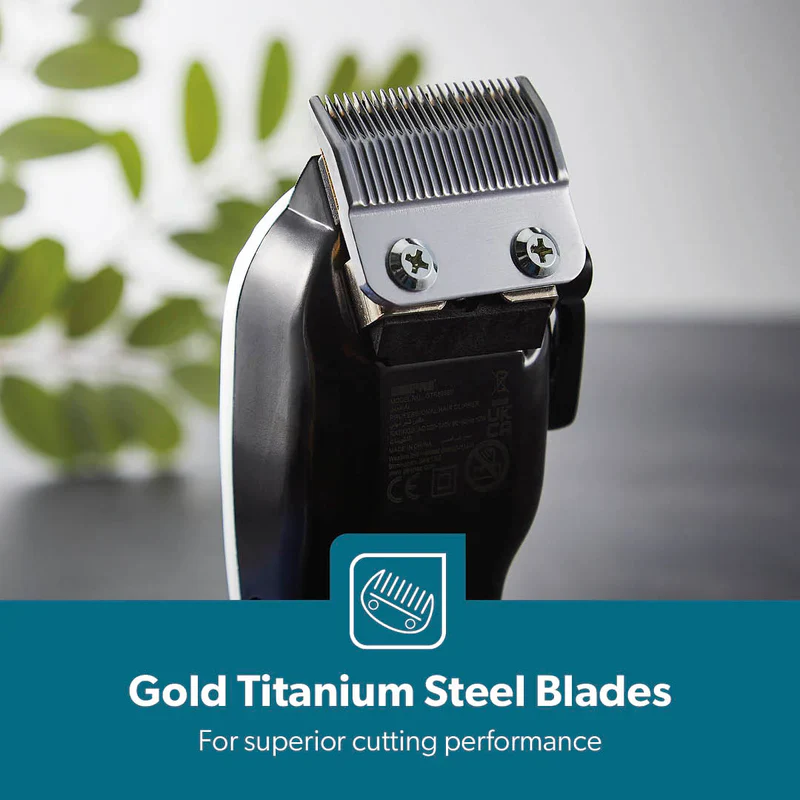 Geepas GTR8658N Professional Hair Clipper | Gold Titanium Carbon Steel Blade | Adjustable Control Lever | Magnetic Motor | 4 Detachable Combs | Barber Accessories - Image 6