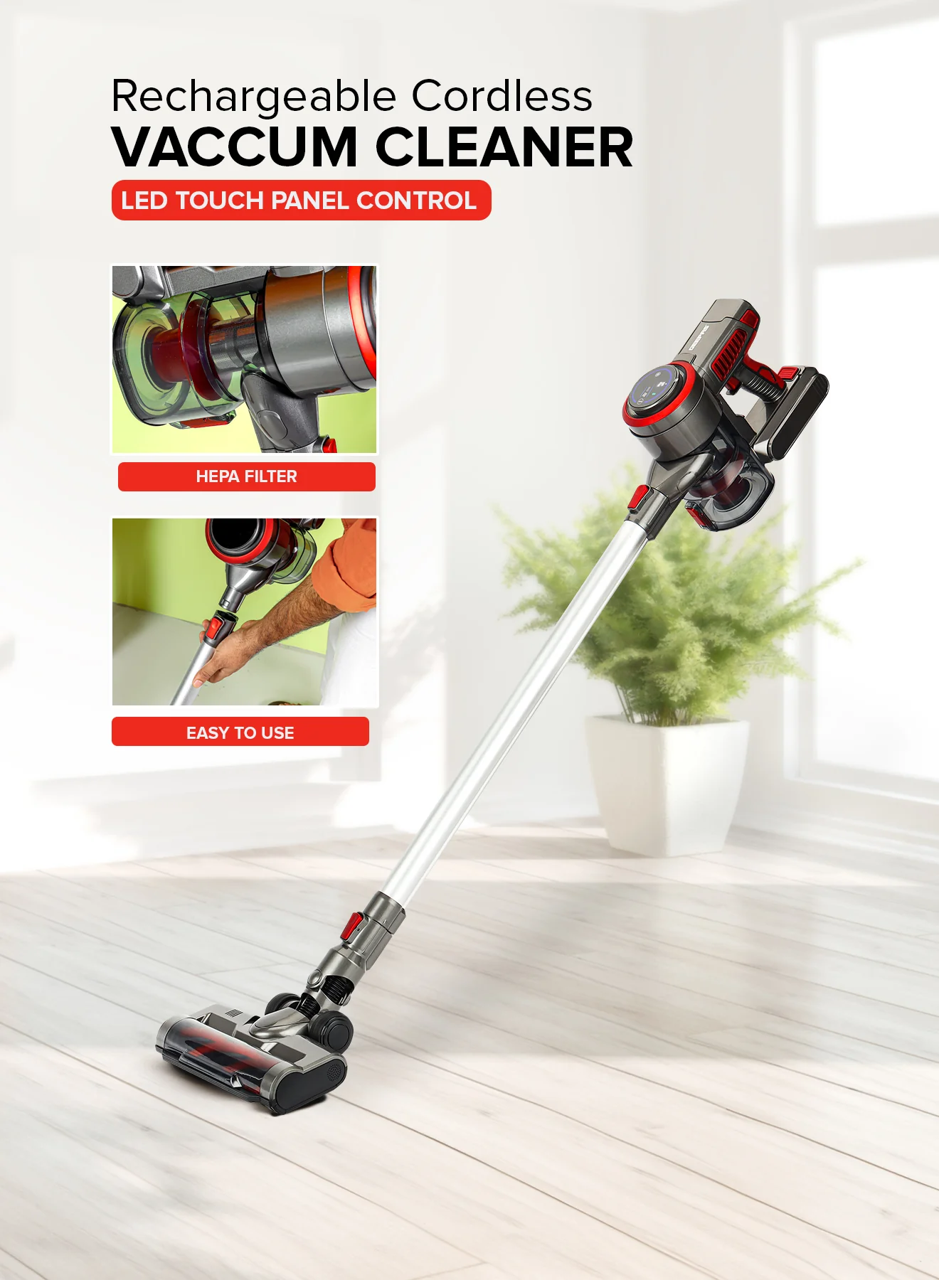 Geepas GVC19038 Rechargeable Cordless Vacuum Cleaner | 0.6L Capacity | 20KPA Suction| 3-Speed Mode| LED Touch Panel | HEPA Filter| Motorized Brush | 2 Years Warranty - Image 4