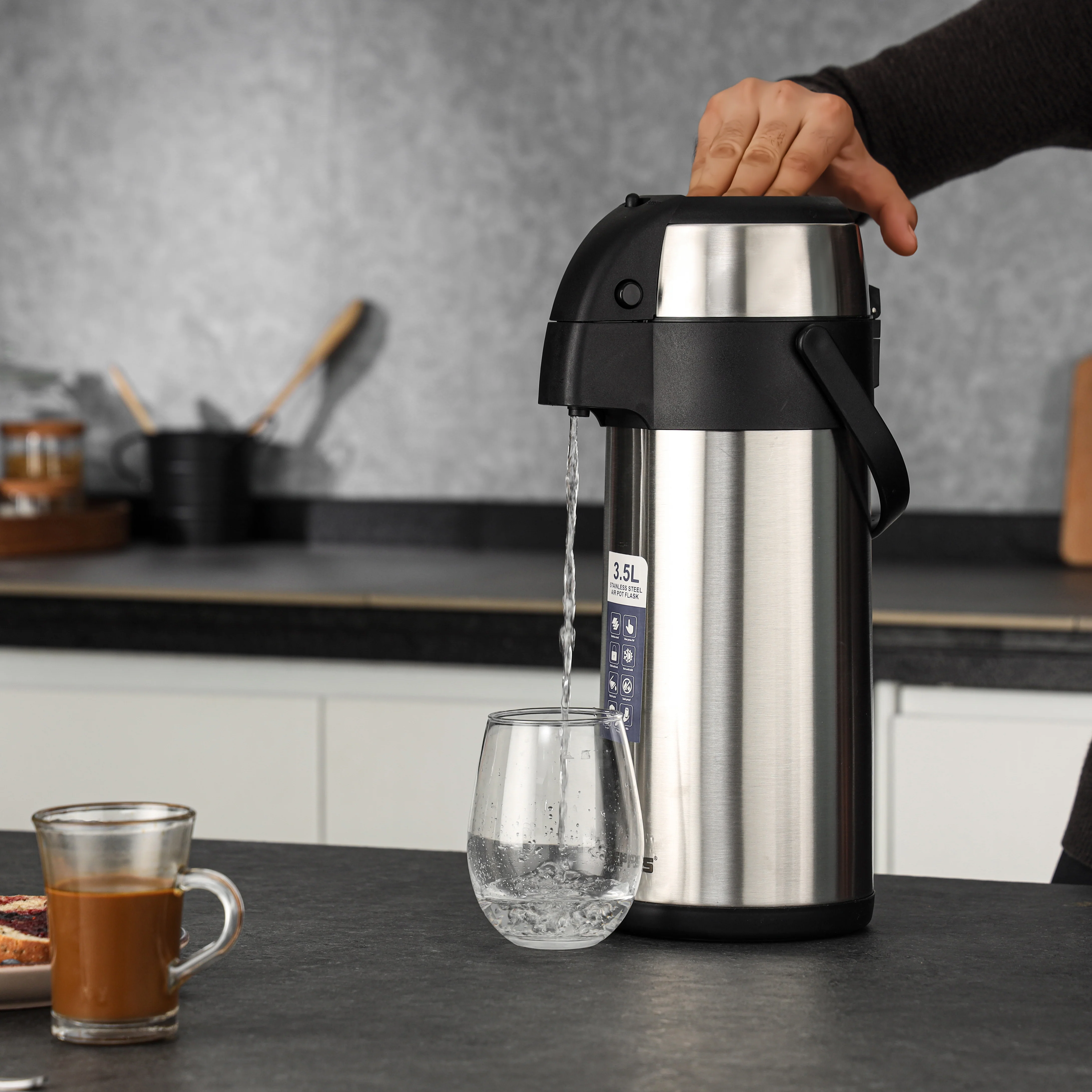 Geepas Stainless Steel Air Pot Flask, 3.5L Vacuum Flask, GVF5263 | Hot/Cold up to 24Hrs | Double-Walled Vacuum Flask for Coffee, Hot Water, Tea & More - Image 3